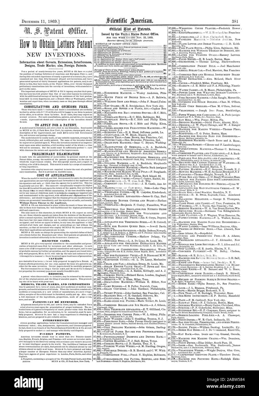 Dicembre 1869.1 Informazioni sulle avvertenze interferenze estensioni Progetta marchi; als brevetti stranieri. Consultazioni e pareri gratuiti. Per depositare una domanda di brevetto di un esame preliminare costo delle applicazioni. I casi respinti. Avvertenze REISSVES. Progetta marchi e brevetti composizioni può essere esteso. Interferenze brevetti stranieri., Scientific American, 1869-12-11 Foto Stock