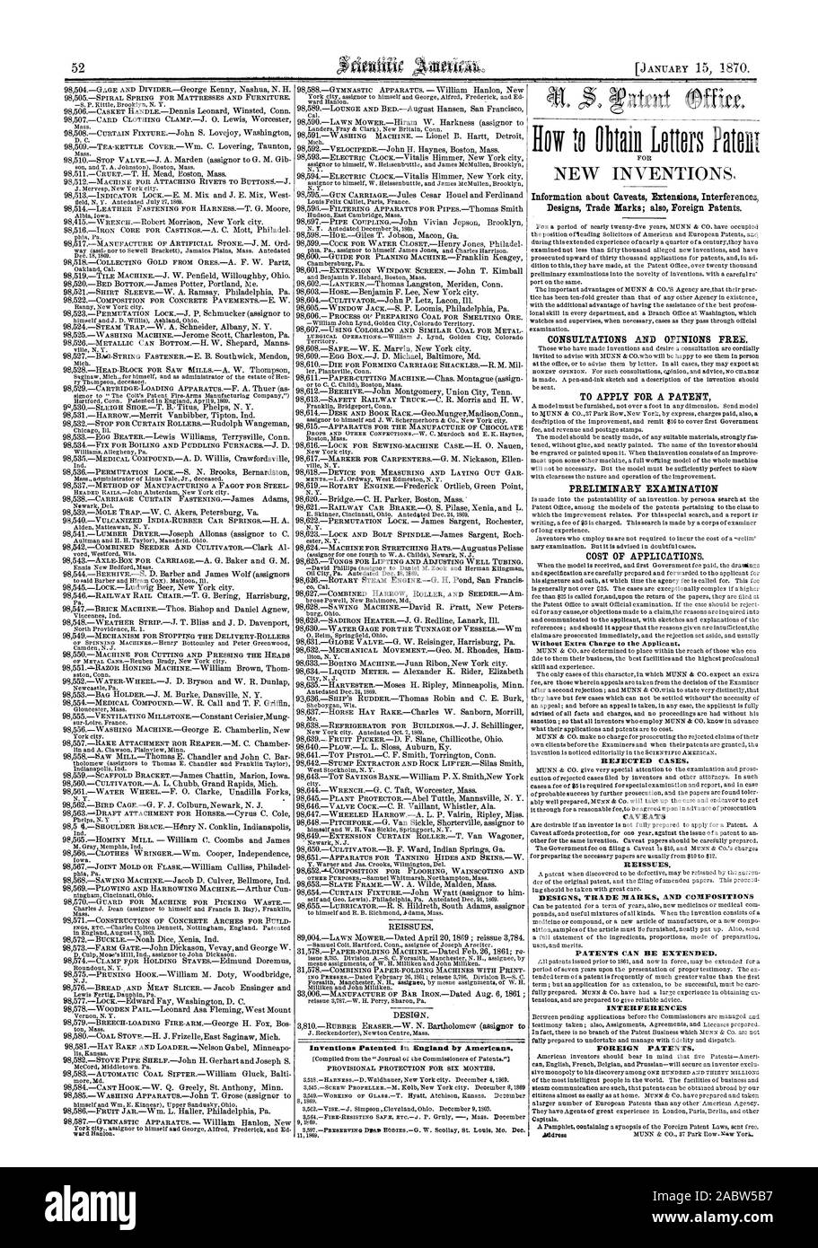 52 invenzioni brevettate in Inghilterra dagli americani. Informazioni sulle avvertenze estensioni interferenza; Progetta marchi; als brevetti stranieri. Consultazioni e pareri gratuiti. Per depositare una domanda di brevetto di un esame preliminare costo delle applicazioni. Senza costi aggiuntivi per il richiedente. I casi respinti. Avvertenze ristampe. Progetta marchi e brevetti composizioni può essere esteso. Interferenze brevetti stranieri., Scientific American, 1870-01-15 Foto Stock