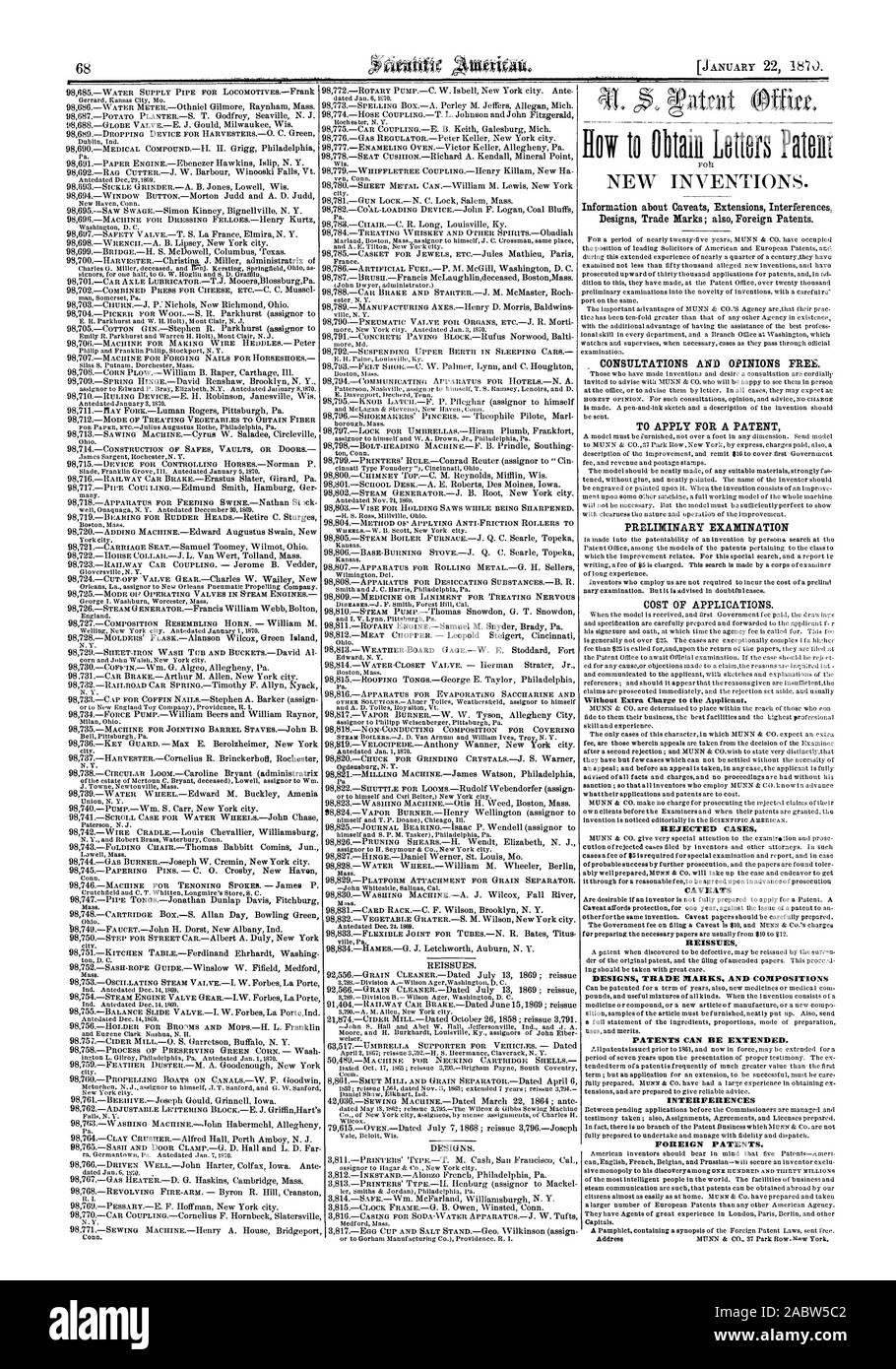 68 Informazioni sulle avvertenze interferenze estensioni Progetta marchi; als brevetti stranieri. Consultazioni e pareri gratuiti. Per depositare una domanda di brevetto di un esame preliminare costo delle applicazioni. I casi respinti. Avvertenze ristampe. Progetta marchi e brevetti composizioni può essere esteso. Interferenze brevetti stranieri., Scientific American, 1870-01-22 Foto Stock
