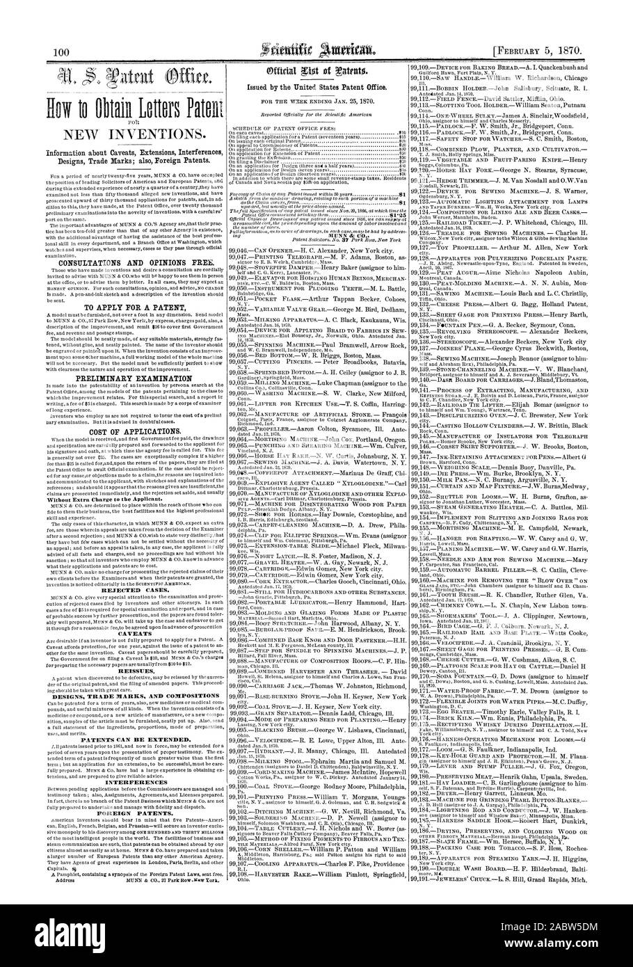 Consultazioni e pareri gratuiti. Per depositare una domanda di brevetto di un esame preliminare costo delle applicazioni. Senza costi aggiuntivi per il richiedente. I casi respinti. Avvertenze ristampe progetta MARCHI E COMPOSIZIONI INTERFERENZE brevetti stranieri., Scientific American, 1870-02-05 Foto Stock