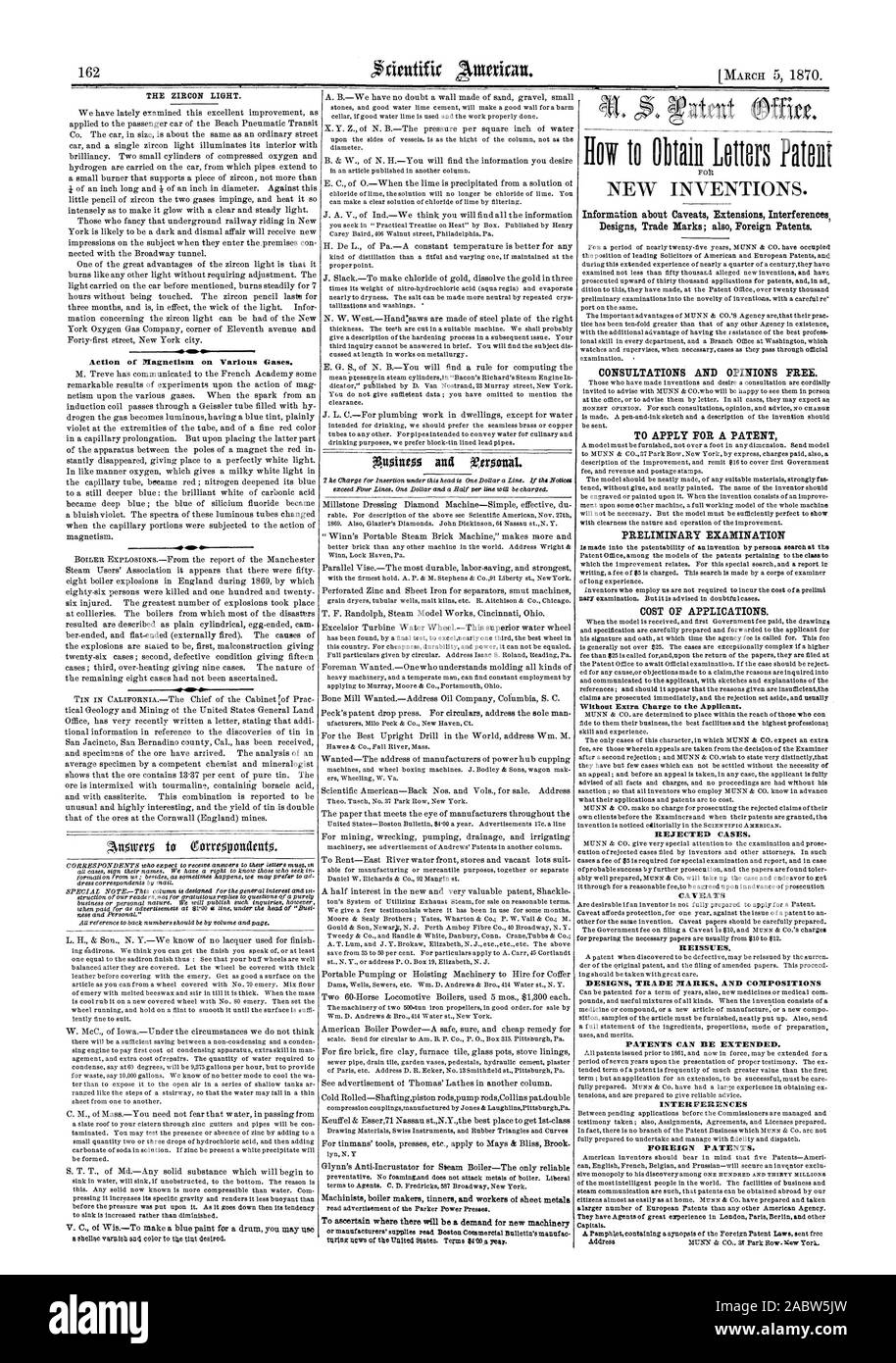 Lo zircone luce. Azione di magnetismo su vari gas. Informazioni sulle avvertenze interferenze estensioni Progetta marchi; als brevetti stranieri. Consultazioni e pareri gratuiti. Per depositare una domanda di brevetto di un esame preliminare costo delle applicazioni. Senza costi aggiuntivi per il richiedente. I casi respinti. Avvertenze ristampe. Progetta marchi e brevetti composizioni può essere esteso. Interferenze brevetti stranieri., Scientific American, 1870-03-11 Foto Stock