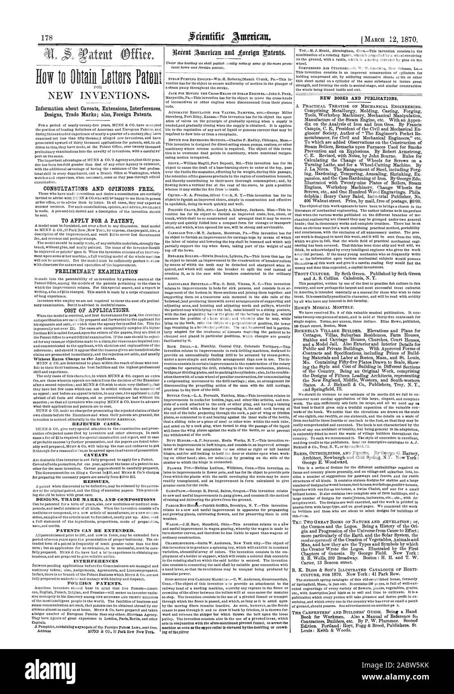 Informazioni sulle avvertenze interferenze estensioni Progetta marchi; als brevetti stranieri. Consultazioni e pareri gratuiti. Per depositare una domanda di brevetto di un esame preliminare di nuovi libri e pubblicazioni., Scientific American, 70-03-11 Foto Stock