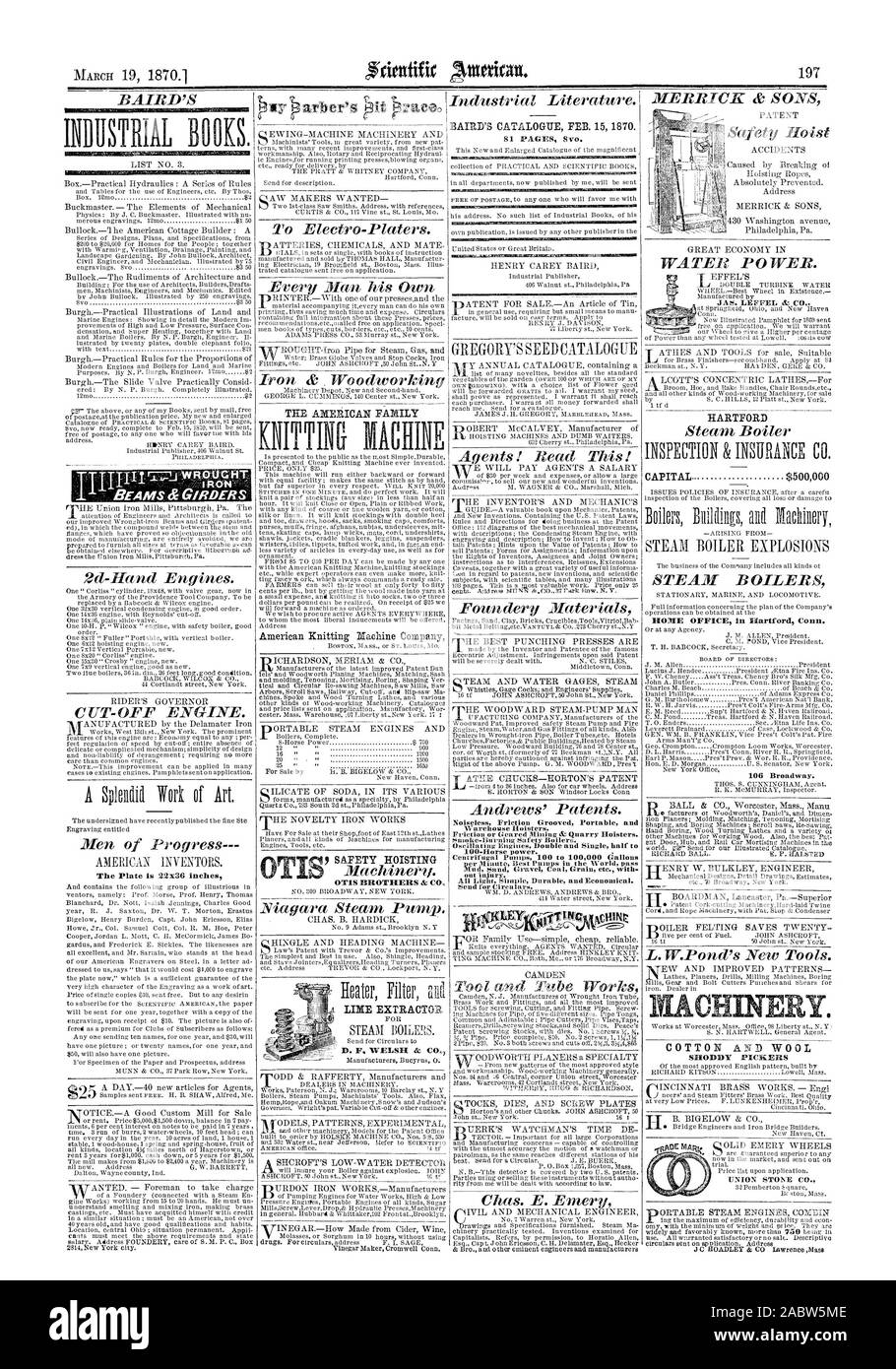 Ho battuto ROW' significa &travi la piastra è 22x36 pollici D. F. WELSH & CO. HOME OFFICE di Hartford Connecticut. 1YI 4S C IN SHODDY RACCOGLITORI, Scientific American, 1870-03-19 Foto Stock