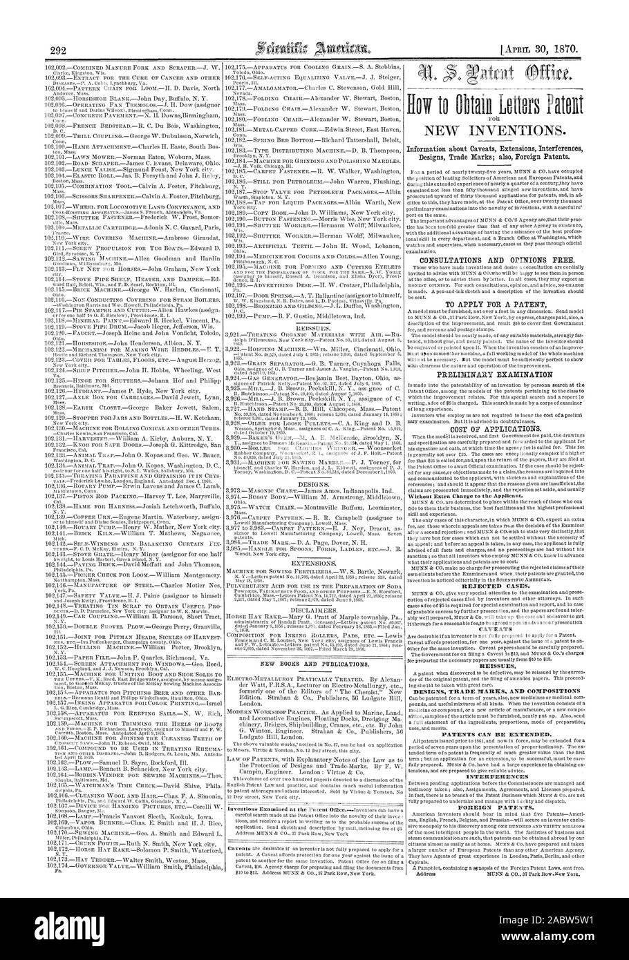BUM libri e pubblicazioni. Consultazioni e pareri gratuiti. Per depositare una domanda di brevetto di un esame preliminare costo delle applicazioni. Senza costi aggiuntivi per il richiedente. I casi respinti. Avvertenze ristampe. Progetta marchi e brevetti composizioni può essere esteso. Interferenze brevetti stranieri., Scientific American, 1870-04-30 Foto Stock