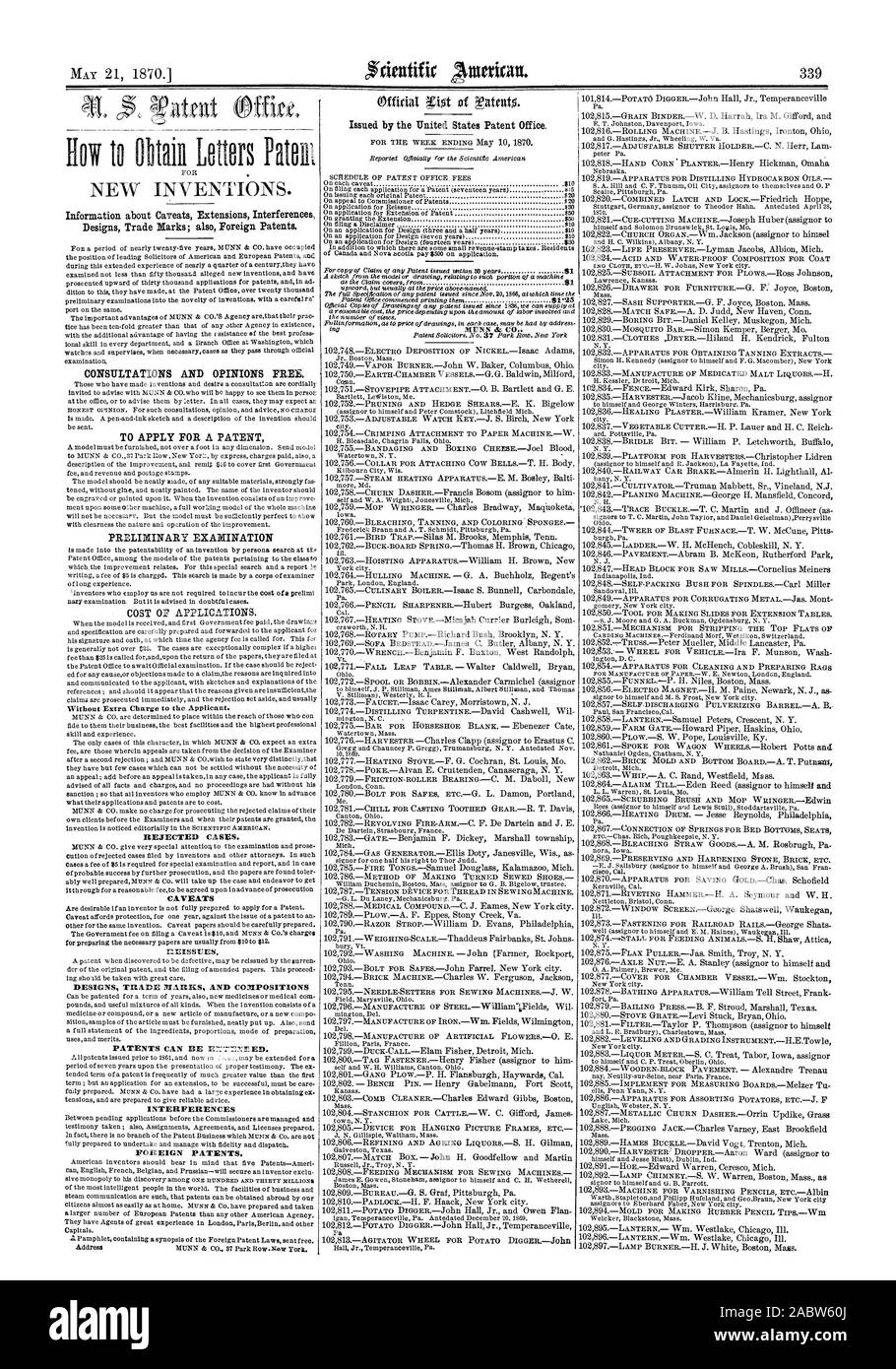 Informazioni sulle avvertenze interferenze estensioni Progetta marchi; als brevetti stranieri. Consultazioni e pareri gratuiti. Per depositare una domanda di brevetto di un esame preliminare senza costi aggiuntivi per il richiedente. I casi respinti. Avvertenze DEISSUES. Interferenze brevetti stranieri. Rilasciato dall'Ufficio Brevetti degli Stati Uniti., Scientific American, 1870-05-21 Foto Stock