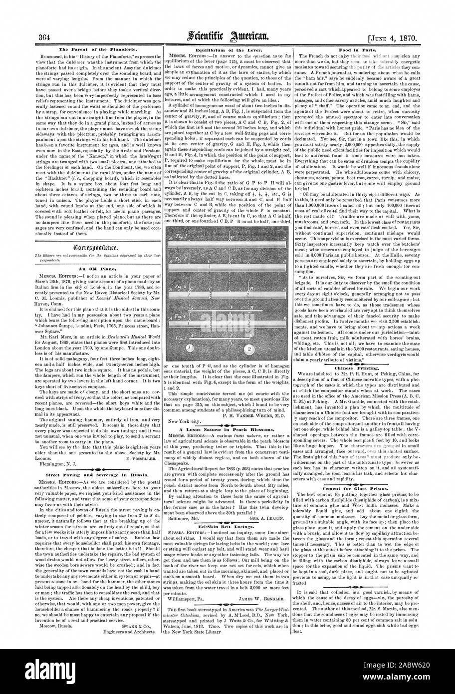 Il genitore del pianoforte. Una OM pianoforte. La pavimentazione stradale e la rete fognaria in Russia. Equilibrio della leva. -St un Lusus Naturm in Peach Blossoms. Il cibo a Parigi. La stampa cinese. Cemento per prismi di vetro., Scientific American, 1870-06-04 Foto Stock