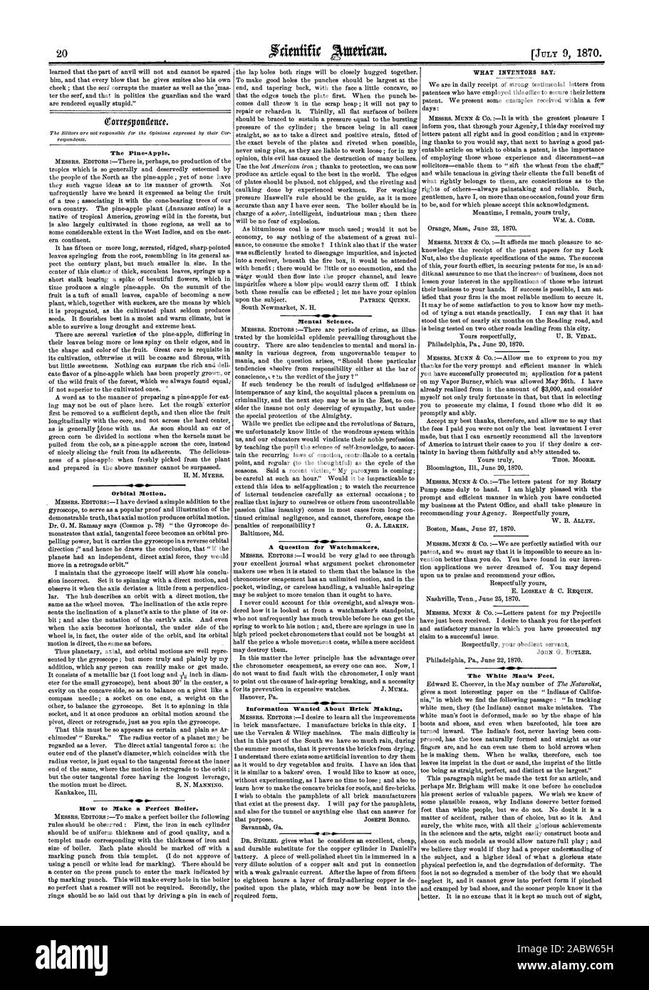 Il Pine-Apple. Moto orbitale. Come. Come fare una perfetta caldaia. Scienza mentale. Una domanda per orologiai. Volevo informazioni circa il mattone che fa. Quali inventori dicono; il bianco uomo Piedi., Scientific American, 1870-07-09 Foto Stock