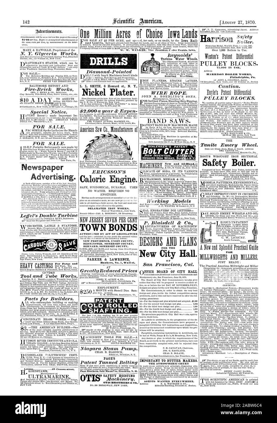 HARRISON CALDARERIE Philadelphia Pa. caldaia di sicurezza. L. L. SMITH 6 Howard st N. Y. Plater di nichel. ERwsscops motore calorico. Comune di obbligazioni PARKER & LAWRENCE PAGINA DI OTIS FRATELLI .1c C Vite coltello HOWARD IRON WORKS BUFFALO.N.Y. Nuovo Municipio. Scheda UFFICIO DEL MUNICIPIO DI IMPORTANTI PRODUTTORI DI BURRO. Acqua a turbina ruote., Scientific American, 1870-08-27 Foto Stock