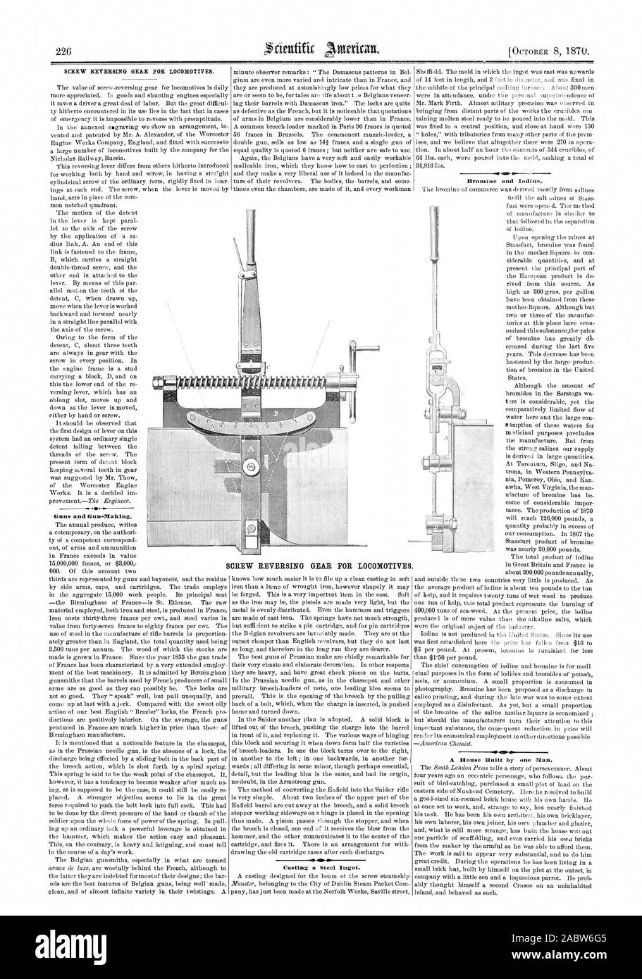 AMMII! =16 -sr pistole e Gun-Making. La fusione di un lingotto di acciaio. . Bromo e iodio. APABP una casa costruita da un uomo. Vite ingranaggio di retromarcia per locomotive., Scientific American, 1870-10-08 Foto Stock