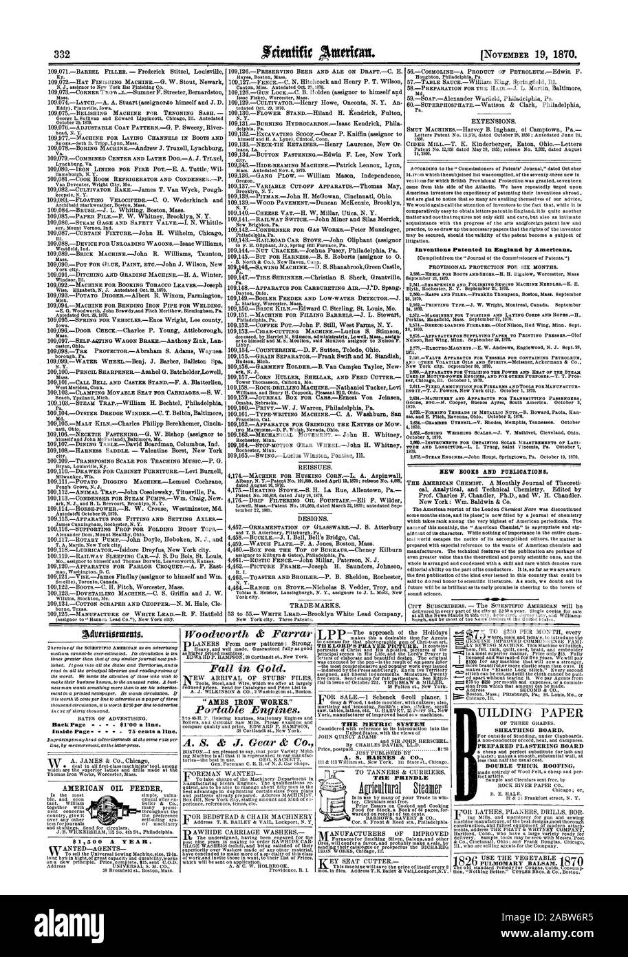 332 invenzioni brevettate in Inghilterra da American nuovi libri e pubblicazioni. Atbittritottnento. Indietro Pagina $1'00 una linea. Pagina interna 75 centesimi una linea. AMERICAN ALIMENTATORE OLIO $1500 all'anno. Woodworth & Farrar rientrano in oro. 'Assi Iron Works.' Motori portatili. Il sistema metrico CARTA UILDING guaina pannello preparato stuccatura bordo doppio copertura spessa LA PRINDLE, Scientific American, 1870-11-19 Foto Stock
