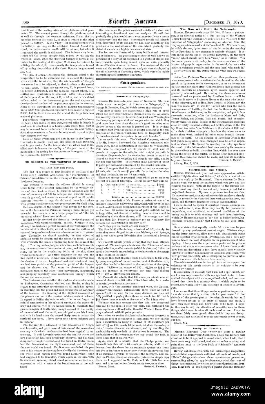 Telegrafia automatica. L'uomo che ha costruito il telegrafo. Lo spiritismo e la scienza. La sanità mentale vs. pazzia., Scientific American, 1870-12-17 Foto Stock