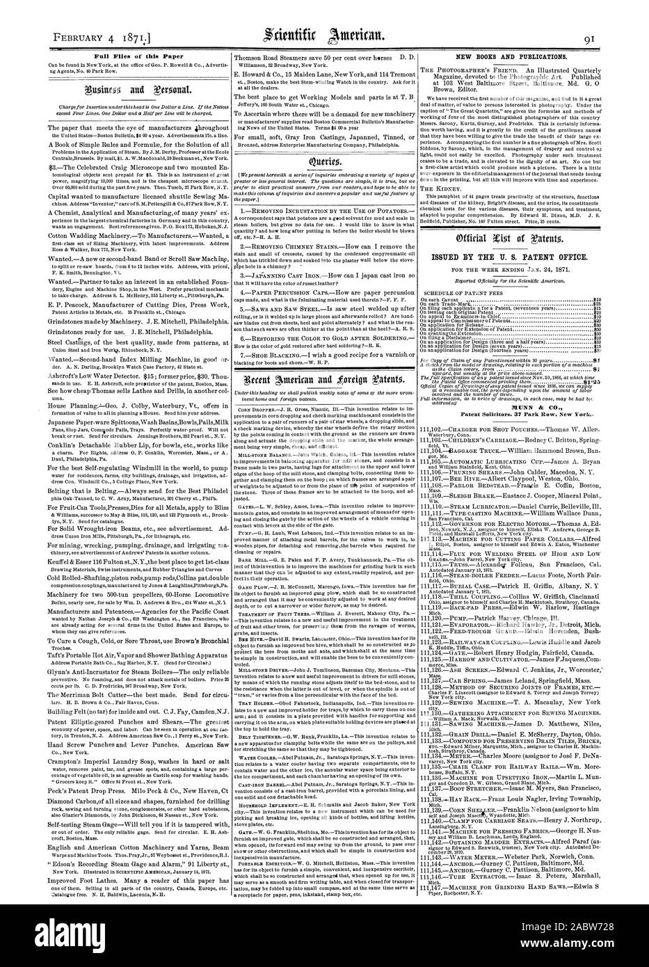 File completo di questa Carta nuovi libri e pubblicazioni. Rilasciato dal brevetto US OFFICE MUNN & CO. Gli avvocati di brevetti 37 Park Row New York, Scientific American, 1871-02-04 Foto Stock