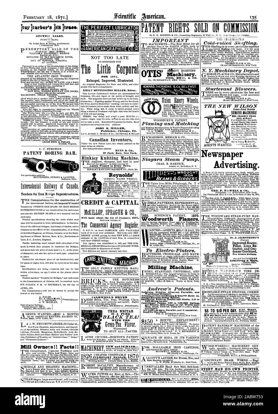 Tinjury pa. Tutta la luce ed mpt e robusto ed economico. I nastri laminati a freddo di scopare. N. Y. macchinari Depot. Sturtevant soffianti. La nuova WILSON Under-Feed navetta MACNINEE CUCITURA KS più economico rispetto a qualsiasi etheri pubblicità sui giornali. Piallatura battuto e Matching Niagara pompa a vapore. Importante la macchina. OTIS' Dr. J. ARMSTRONG riscaldatore migliorato Finer calce Ex trattore e Cen combinata più denso per la caldaia a vapore ogni uomo la propria stampante. I DIRITTI DI BREVETTO VENDUTO SUL COIIISSION. Reynolds di rotismo di scopare., Scientific American, 1871-02-18 Foto Stock