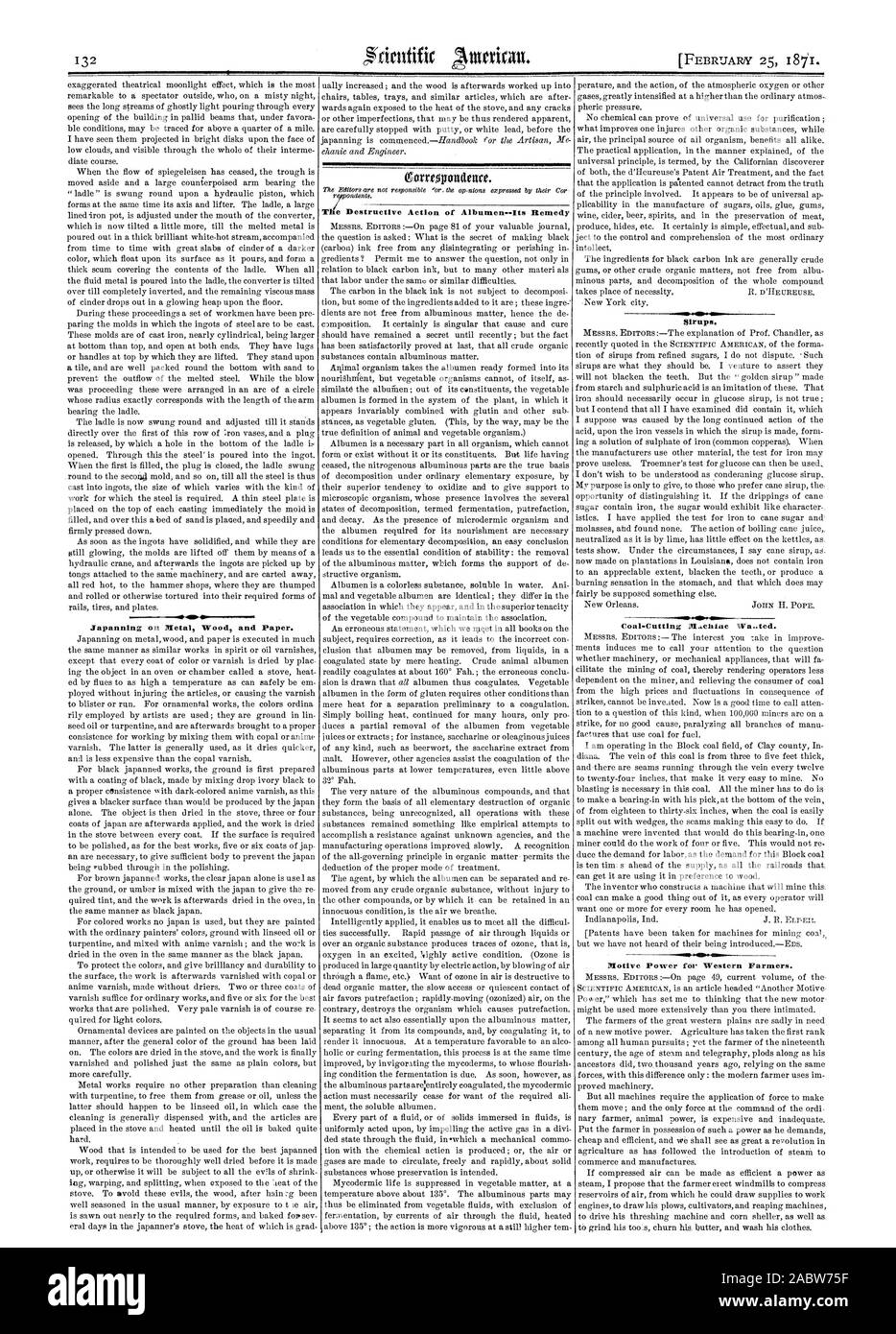 L'azione distruttiva di albume--il suo rimedio $1rups. Japanning su metallo Legno e carta., Scientific American, 1871-02-25 Foto Stock