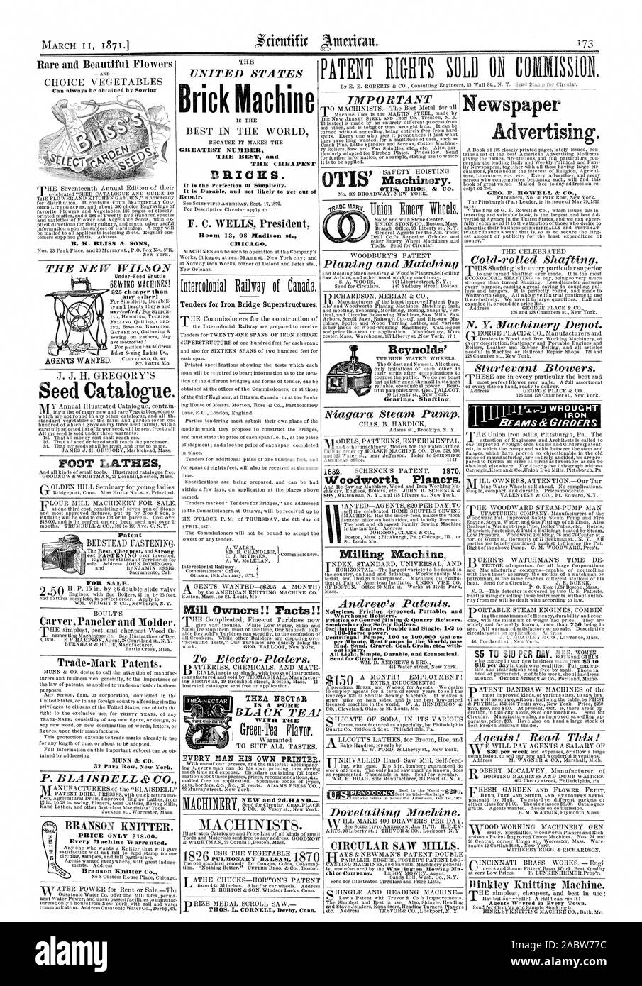 Reynolds di rotismo di scopare Woodworth ruspe. Sega circolare Mills. Brevetto per la vendita. Carver Paneler e formatrice. Marchi Brevetti. BRANSON KNITTER. Prezzo solo $18.00. Ogni macchina garantito. Branson Knitter Co. Macchina di mattoni PIÙ GRANDE NUMERO IL MIGLIORE E IL PIÙ CONVENIENTE di mattoni. F. C. POZZI Presidente Camera 13 98 Madison st. CHICAGO. Le offerte per il ponte in ferro di sovrastrutture. Proprietari del mulino!! Patti!! Ogni uomo la propria stampante. Nuovo e 2d-mano. THOS. L. CORNELL Derby Coml Pubblicità sui giornali. GEO. P. ROWELL & CO.  A TRAVI &RDERS Ilinkley macchina da maglieria. OT TORNI Catalogo sementi. Rara e bella Foto Stock