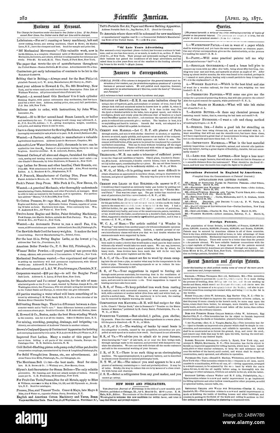 Dei tardi anni pubblicità NUOVI LIBRI E PUBBLICAZIONI invenzioni brevettate in Inghilterra dagli americani. Brevetti stranieri., Scientific American, 1871-04-11 Foto Stock
