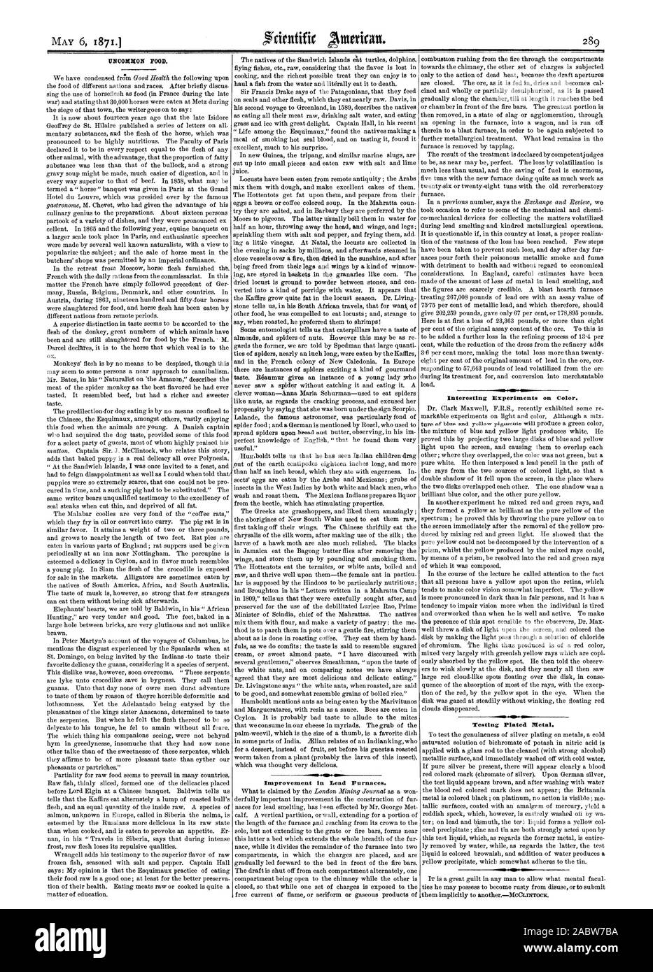 Cibo insolito miglioramento nei forni di piombo. Interessanti esperimenti sul colore. Test di metallo placcato., Scientific American, 1871-05-06 Foto Stock