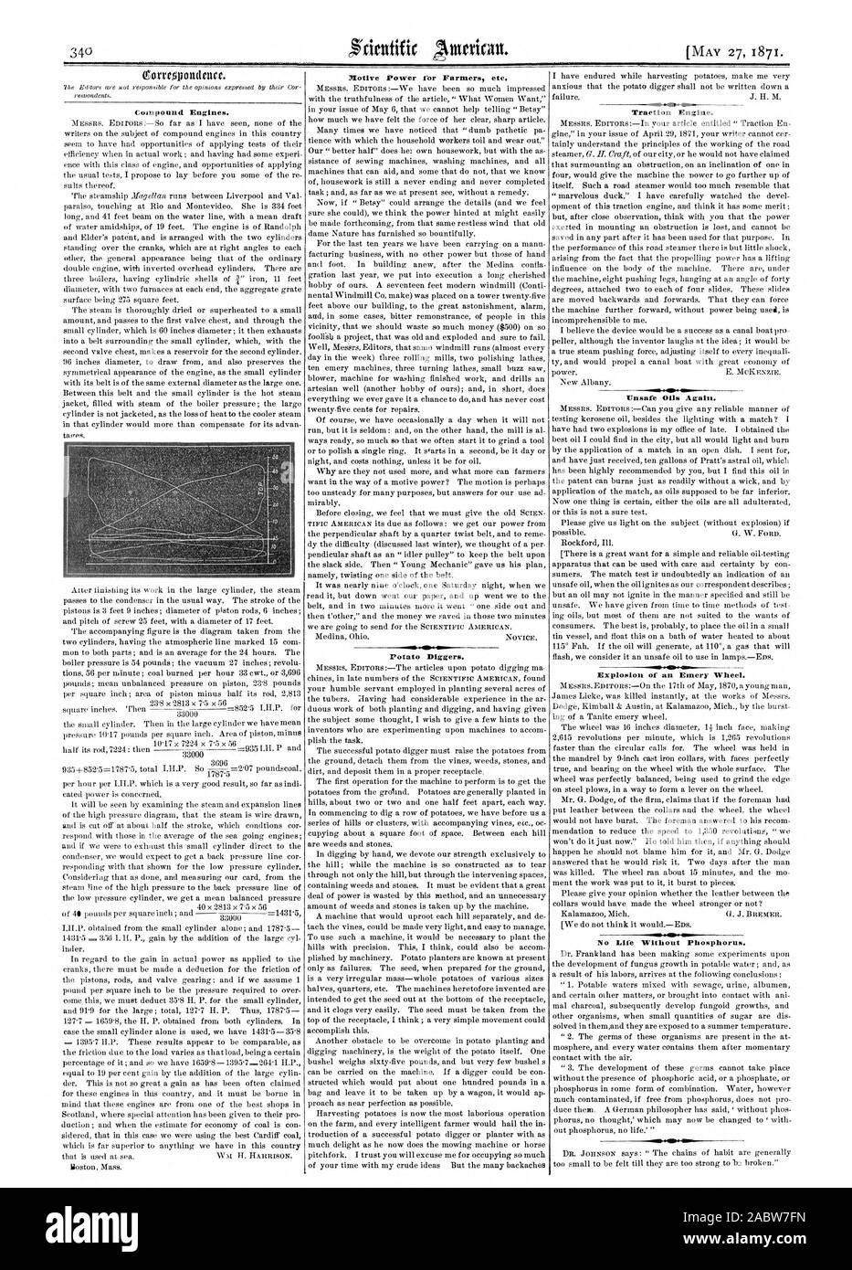 Il composto i motori. Potenza motrice per gli agricoltori ecc. Motore di trazione. Oli non sicuri di nuovo. Esplosione di una ruota di smeriglio. Vita senza fosforo., Scientific American, 1871-05-27 Foto Stock