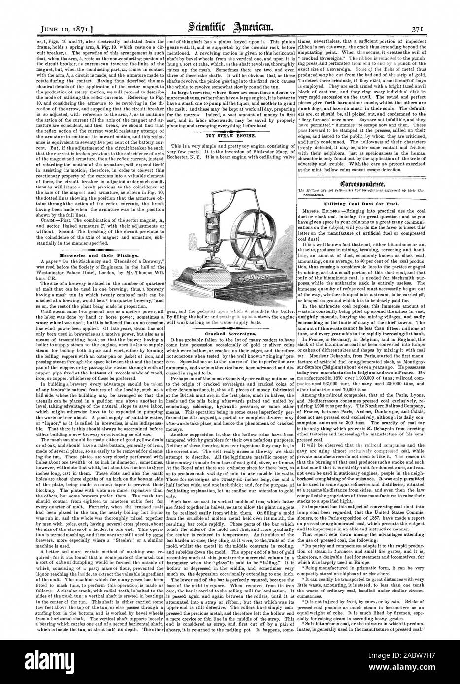 Le fabbriche di birra e i loro raccordi. Sovrani incrinato. gorreopondeut. Utilizzando il carbone Busto per combustibile., Scientific American, 1871-06-10 Foto Stock
