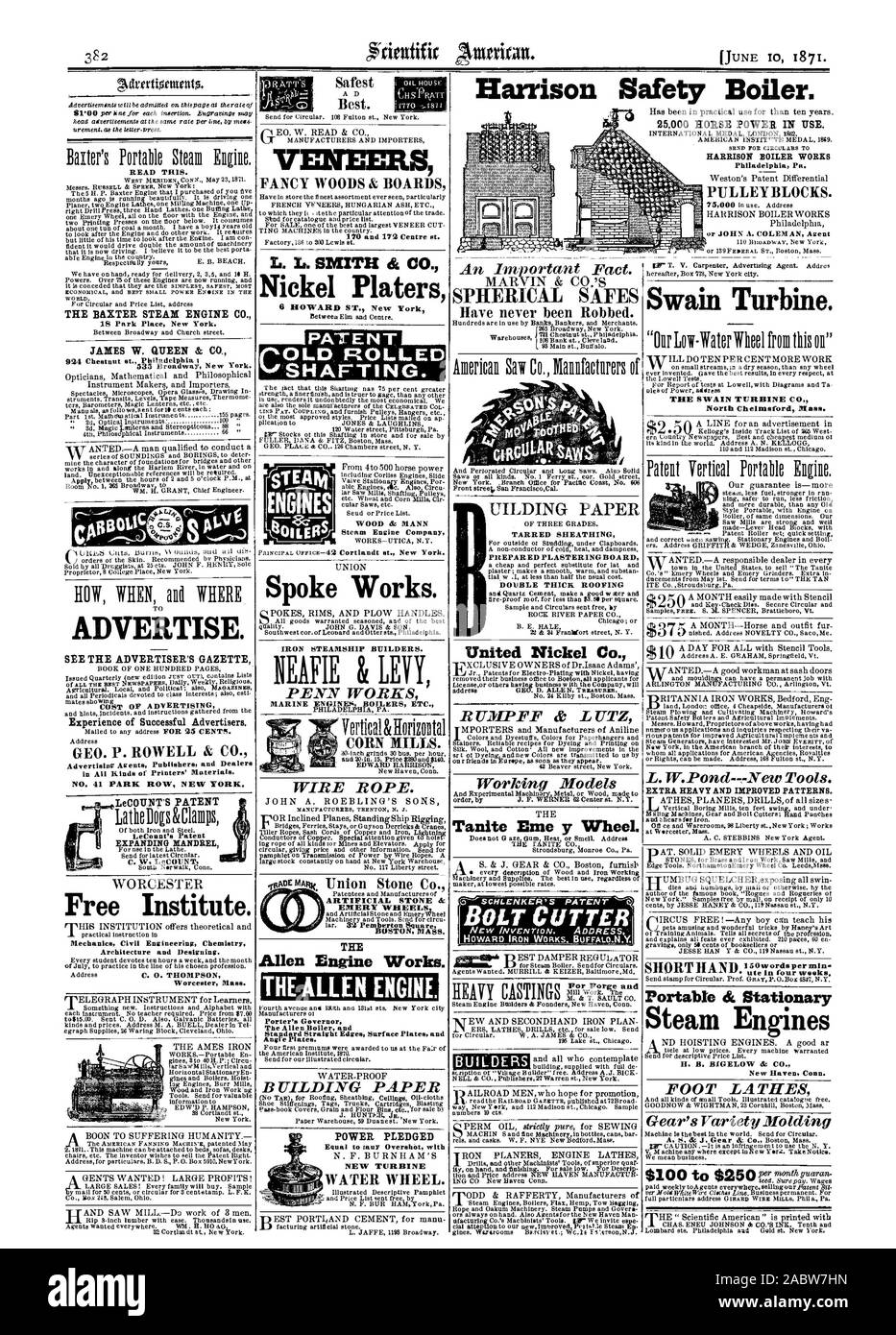 Harrison caldaia di sicurezza. 25000 cavallo di potenza in uso. HARRISON CALDARERIE Philadelphia Pa. o JOHN A. COLEMAN Agent leggere questo. La Baxter motore a vapore CO. 18 Park Place New York. JAMES W. QUEEN & CO. 924 Chestnut st Philadelphia ; 335 Broadway New York. Fare pubblicità a. Vedere l'inserzionista GAZETTE esperienza di inserzionisti di successo. Agenti di pubblicità editori e rivenditori in Tutte le cerve delle stampanti' materiali. LeCO (INT S LeConnt brevetto brevetto del mandrino di espansione C. W. LeCOUNT Istituto libero. Meccanica Ingegneria Civile chimica di architettura e progettazione. Worcester messa. Il Porter's governatore la Foto Stock