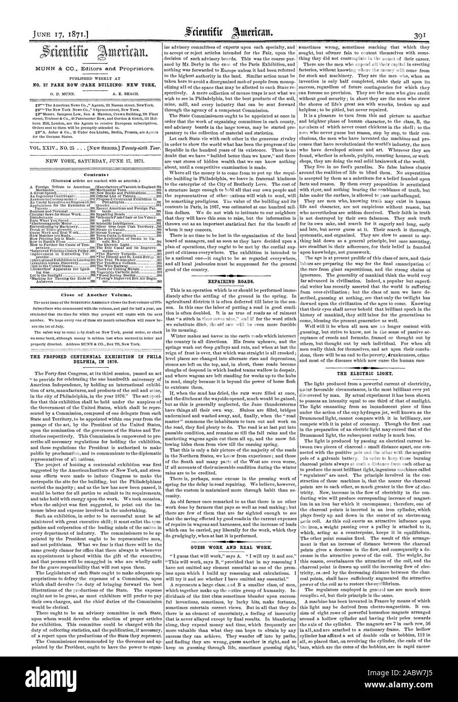 N° 37 PARK ROW (PARK EDIFICIO) NEW YORK contenuto in prossimità di un altro volume. La proposta di CENTENNIAL EXHIBITION DI PHILA DELPHIA nel 1876. La riparazione di strade. La luce elettrica., Scientific American, 1871-06-17 Foto Stock