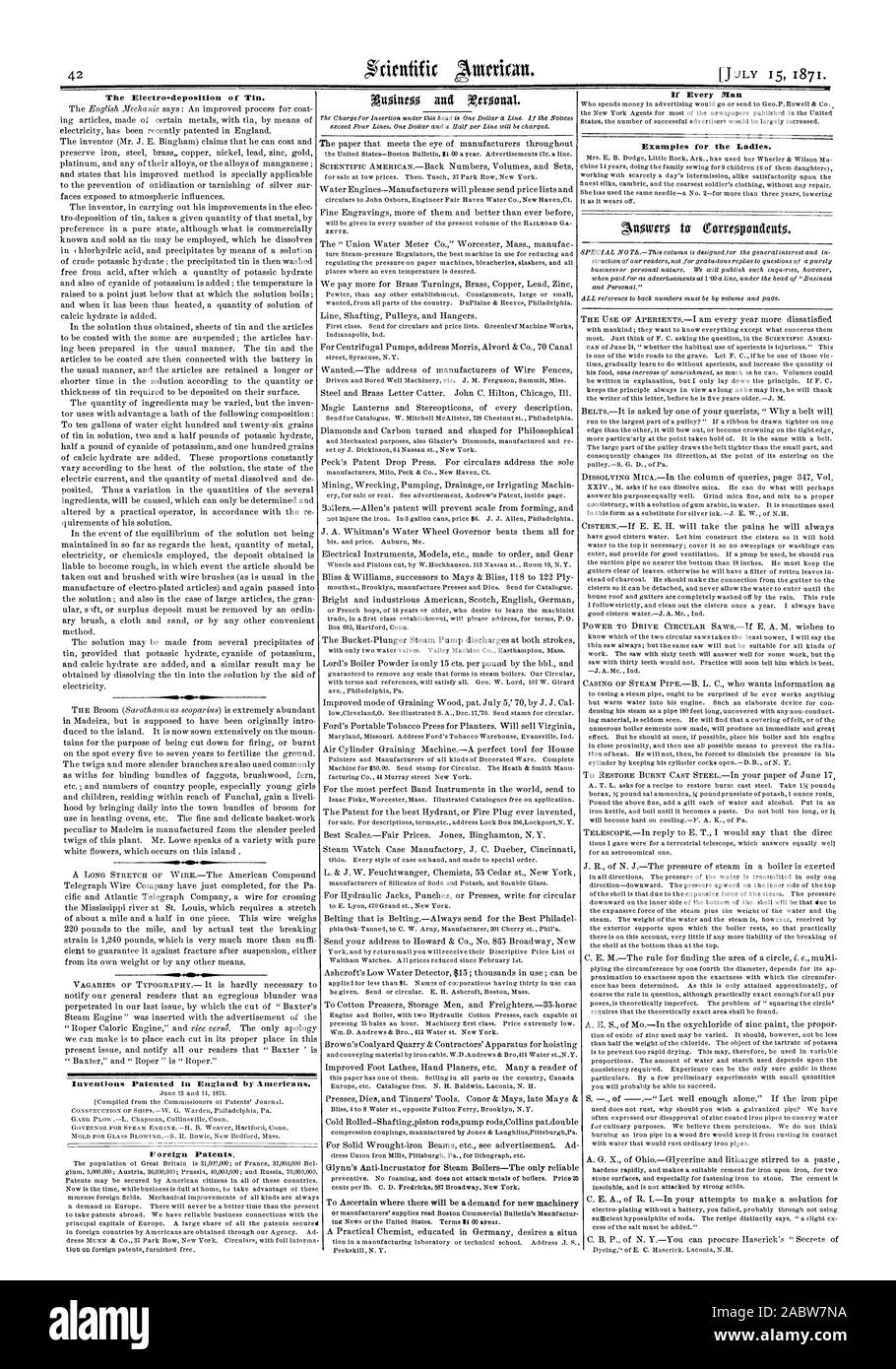 Il Eleetr deposizione dello stagno. Invenzioni brevettate in Inghilterra dagli americani. Brevetti stranieri a se ogni uomo esempi per le signore., Scientific American, 1871-07-11 Foto Stock