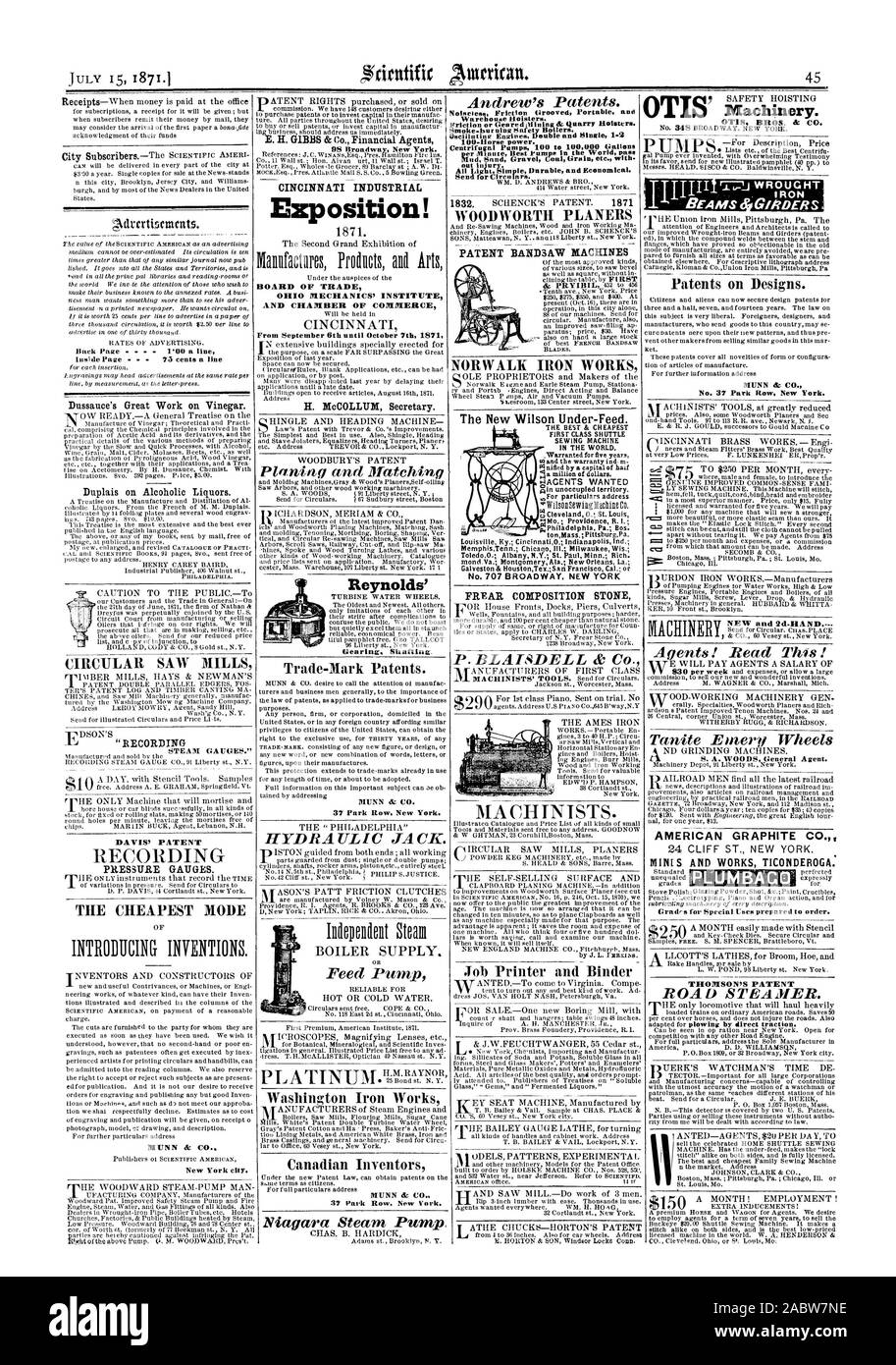 Le lesioni. Tutta la luce semplice robusto ed economico. Invio di circolari. Job Printer e legante OTIS BROS. & CO. HT . Travi travi' brevetti su disegni e modelli. N 37 Park Row New York. Gli agenti! Leggere questo! Tanite mole smeriglio THOMSON strada brevetto sistema di cottura a vapore. Ruspe WOODWORTH BANDA DI BREVETTO3AW MACCHINE NORWALK Iron Works la nuova Wilson Under-Feed. La migliore e più conveniente di D-4agenti tonMass voluto.;PittsburgPa n. 707 Broadway NEW YORK FREAR PIETRA COMPOSIZIONE P.BLA ThDELL & Co., Scientific American, 1871-07-15 Foto Stock