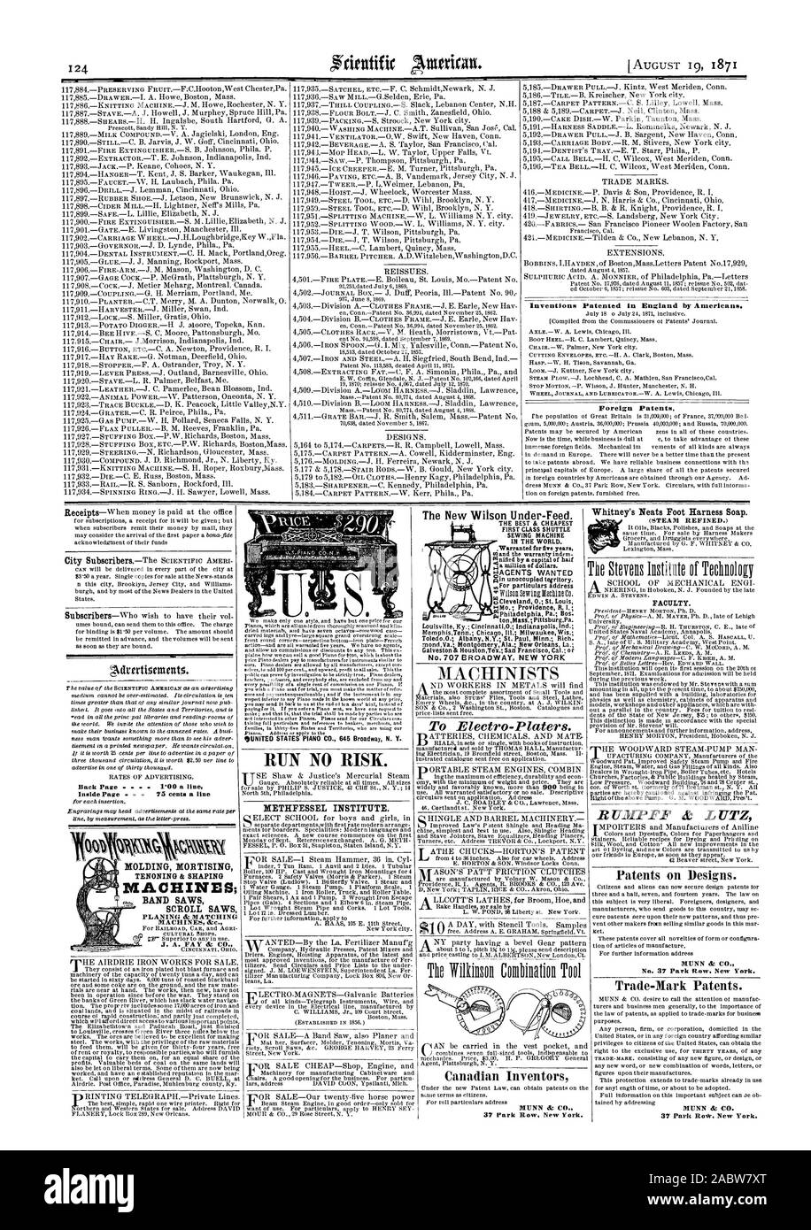 Per la loro alimentazione sarà dato per trentaquattro anni gratis di affittare o royalty a responsabile partieswho sara in grado di fornire il capitale di cary loro per una quota dei profitti. Pregevoli i letti di carbone sulle stesse terre potrà anche essere lasciate in termini liberale. Alcuni di loro sono ora essendo Airdrie. Post Office Paradise Muhlenburg county Ky. Istituto AIETHFESSEL. Whitney Neats del cablaggio del piede del sapone. Facoltà. BUMPFF & LUTZ brevetti su disegni e modelli. MUNN dr CO. Trade-arca brevetti. MUNN dz CO. 37 Park Ro New York. Stati Uniti pianoforte CO. 645 Broadway N. Y. correre alcun rischio., Scientific American, 1871-08-19 Foto Stock