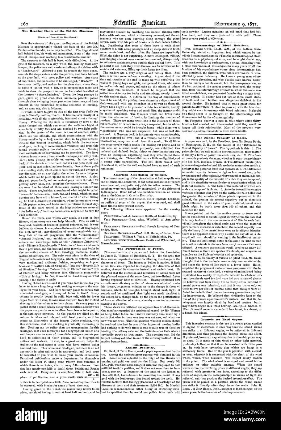La sala di lettura del British Museum. Associazione americana di scienza. La perturbazione di forze. Antica odontoiatria. Il meticciato delle relazioni di sangue. La capacità mentale di gare. Tremolo per organi Reed., Scientific American, 71-09-09 Foto Stock
