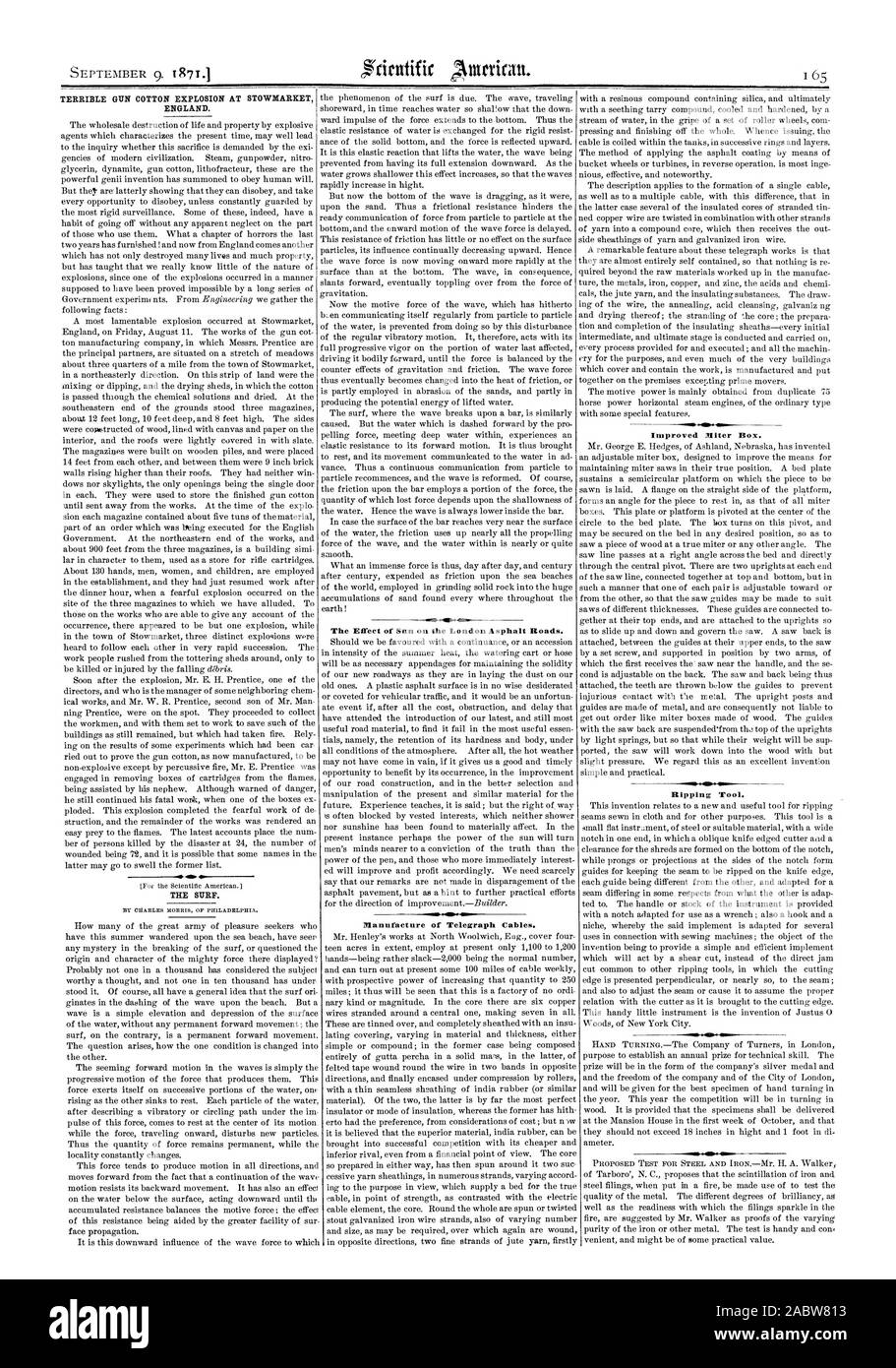 L'effetto del sole sulla London strade asfaltate. Fabbricazione di cavi del telegrafo. NID. Migliorata la casella di taglio obliquo. Strumento di ripping., Scientific American, 71-09-09 Foto Stock