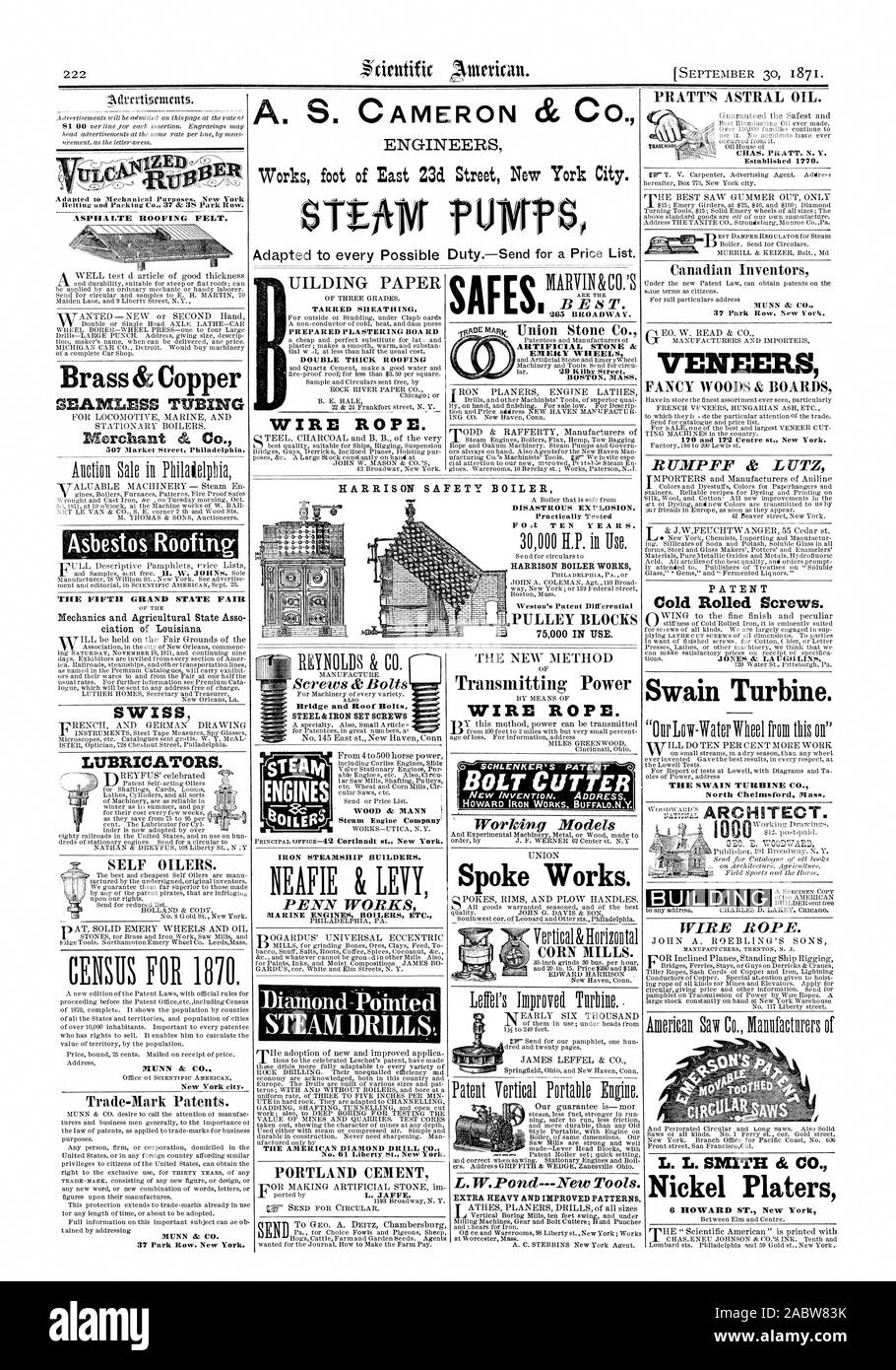 A nord di massa di Chelmsford BUI1 DING FUNE. 6 howard ST. New York w ARC iliTECT T. A. S. CAMERON & CO. Tecnici lavora piede di East 23d1 Street a New York City. Disastrosa esplosione praticamente testato FOIL DIECI ANNI. HARRISON CALDARERIE Weston il brevetto della puleggia del differenziale blocchi mulini di mais., Scientific American, 1871-09-30 Foto Stock
