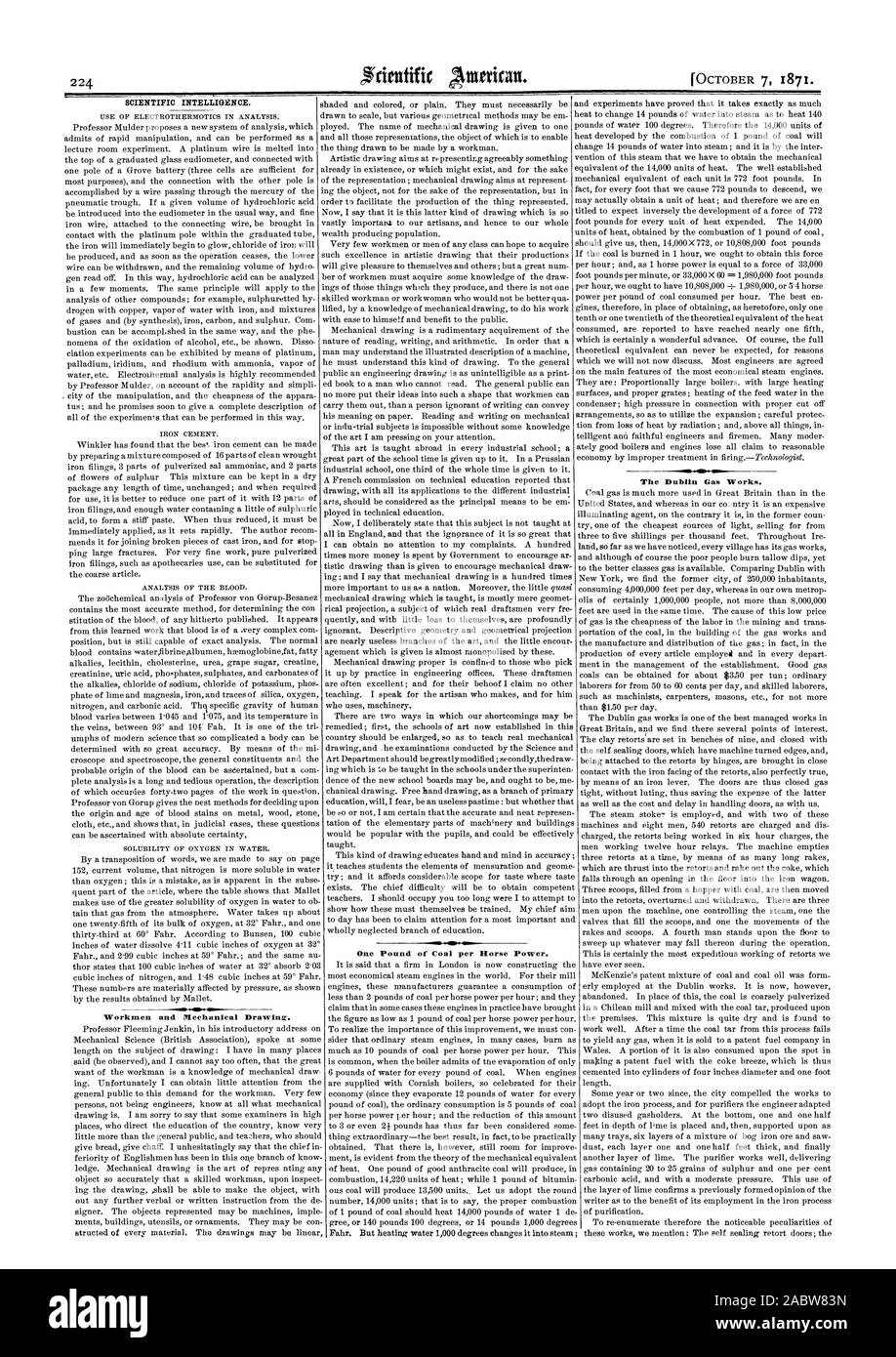 Intelligenza scientifica. Una libbra di carbone per cavallo vapore. Il gas di Dublino funziona. Operai e 'Mechanical disegno., Scientific American, 1871-10-07 Foto Stock