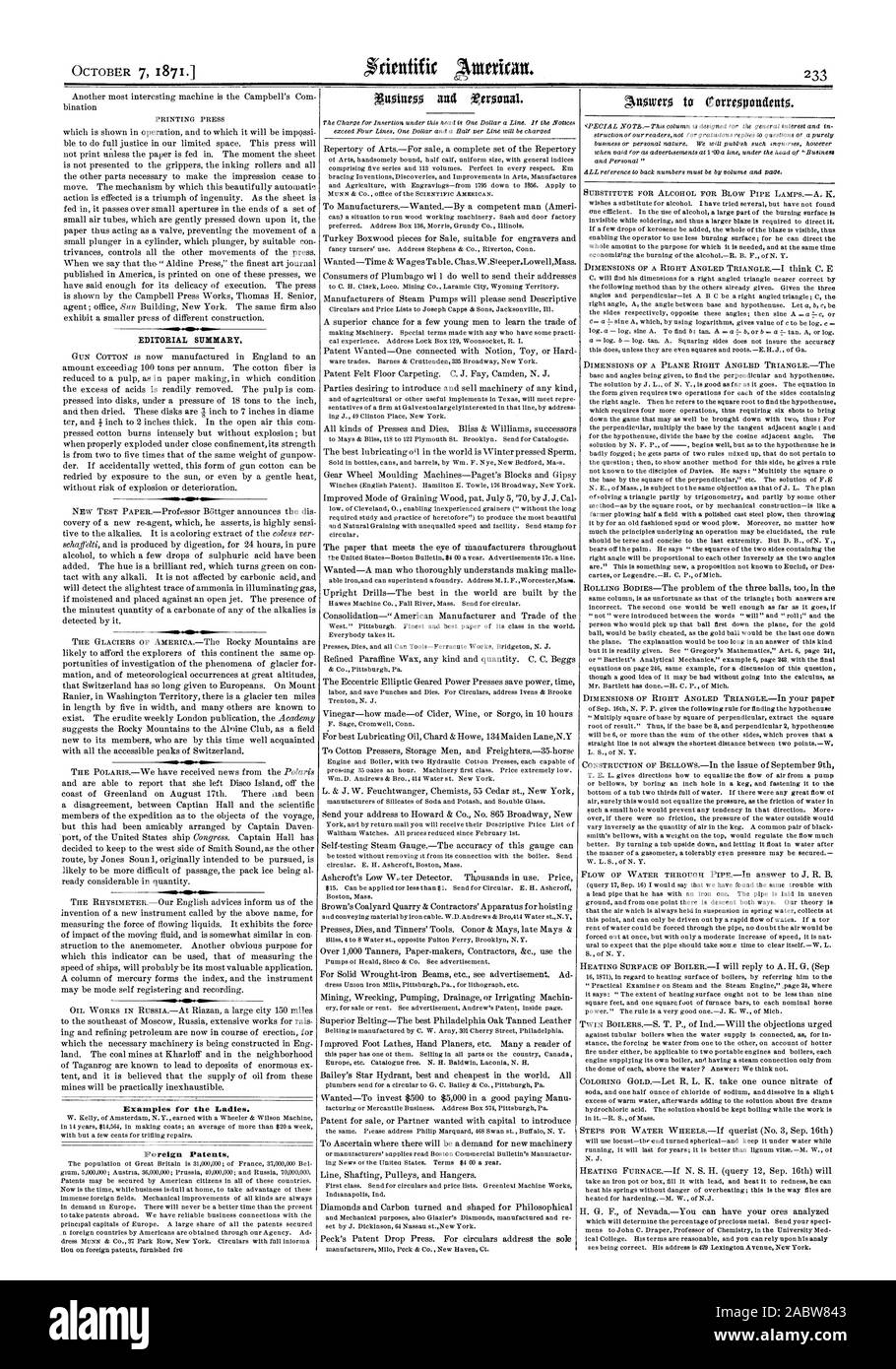 Sommario editoriale esempi per le signore. Brevetti stranieri., Scientific American, 1871-10-07 Foto Stock