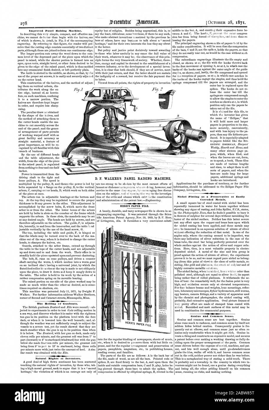 La laminazione di Gunboats. Diritti naturali ot inventori. HERR CARTA DEL FILE. La placcatura con nichel come un conservante ot facilmente metalli corrosi. Il Genius e il senso comune. D. F. WALKER sul pannello della macchina di sollevamento., Scientific American, 1871-10-28 Foto Stock