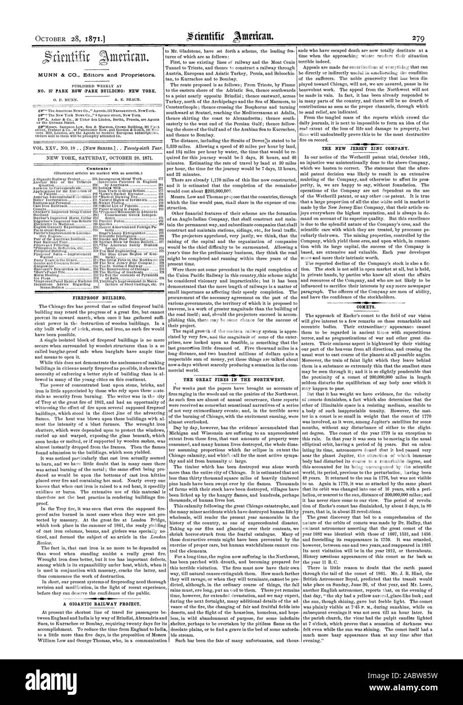 I grandi incendi nel nord-ovest. N° 37 PARK ROW (PARK EDIFICIO) NEW YORK. Contenuto : edificio ignifughi. Un gigantesco progetto ferroviario. La nuova jersey Azienda di zinco. Comete., Scientific American, 1871-10-28 Foto Stock