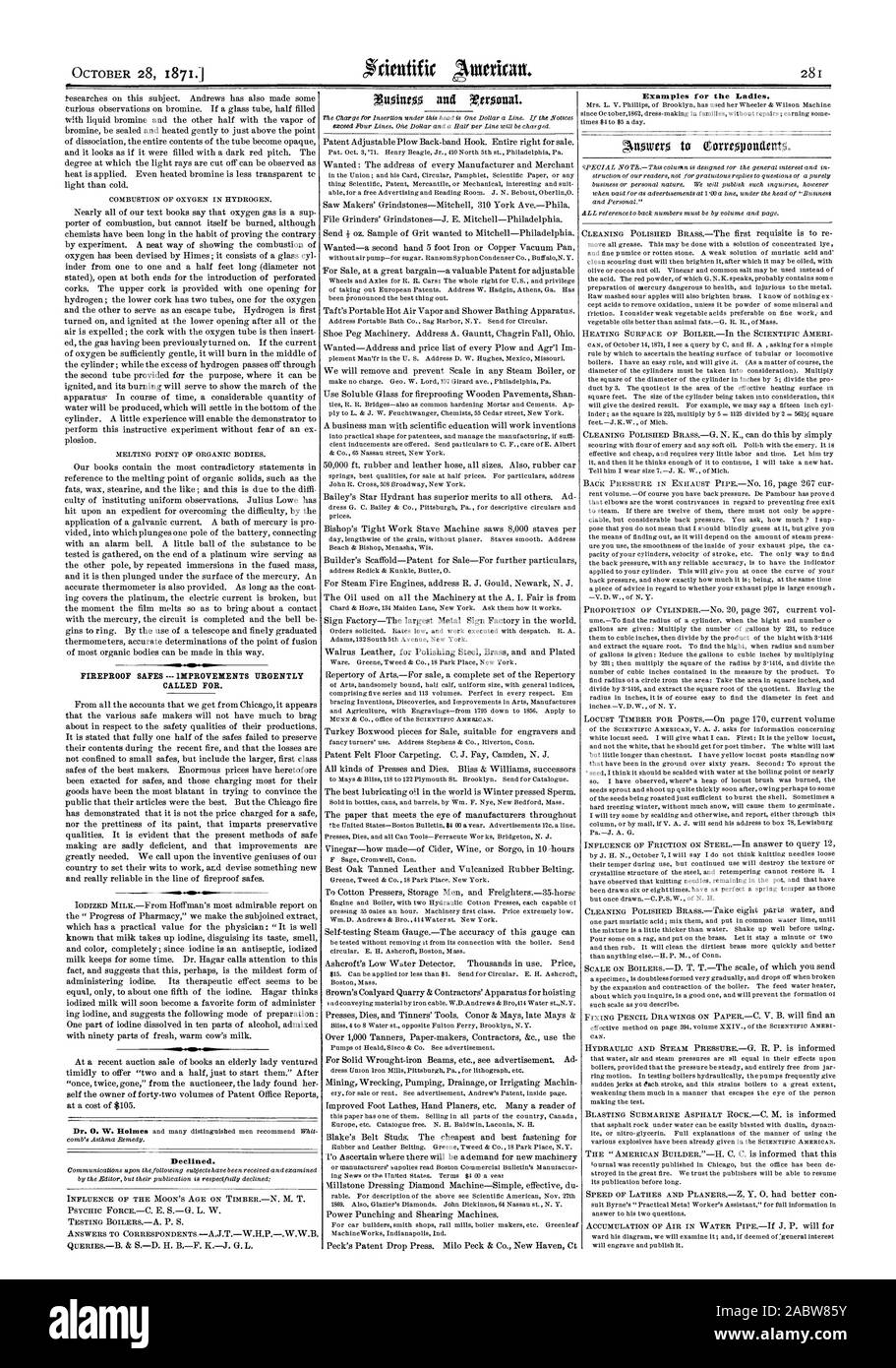 Cassaforte ignifuga miglioramenti urgentemente chiamato per l. Rifiutato. Esempi per i mestoli., Scientific American, 1871-10-28 Foto Stock
