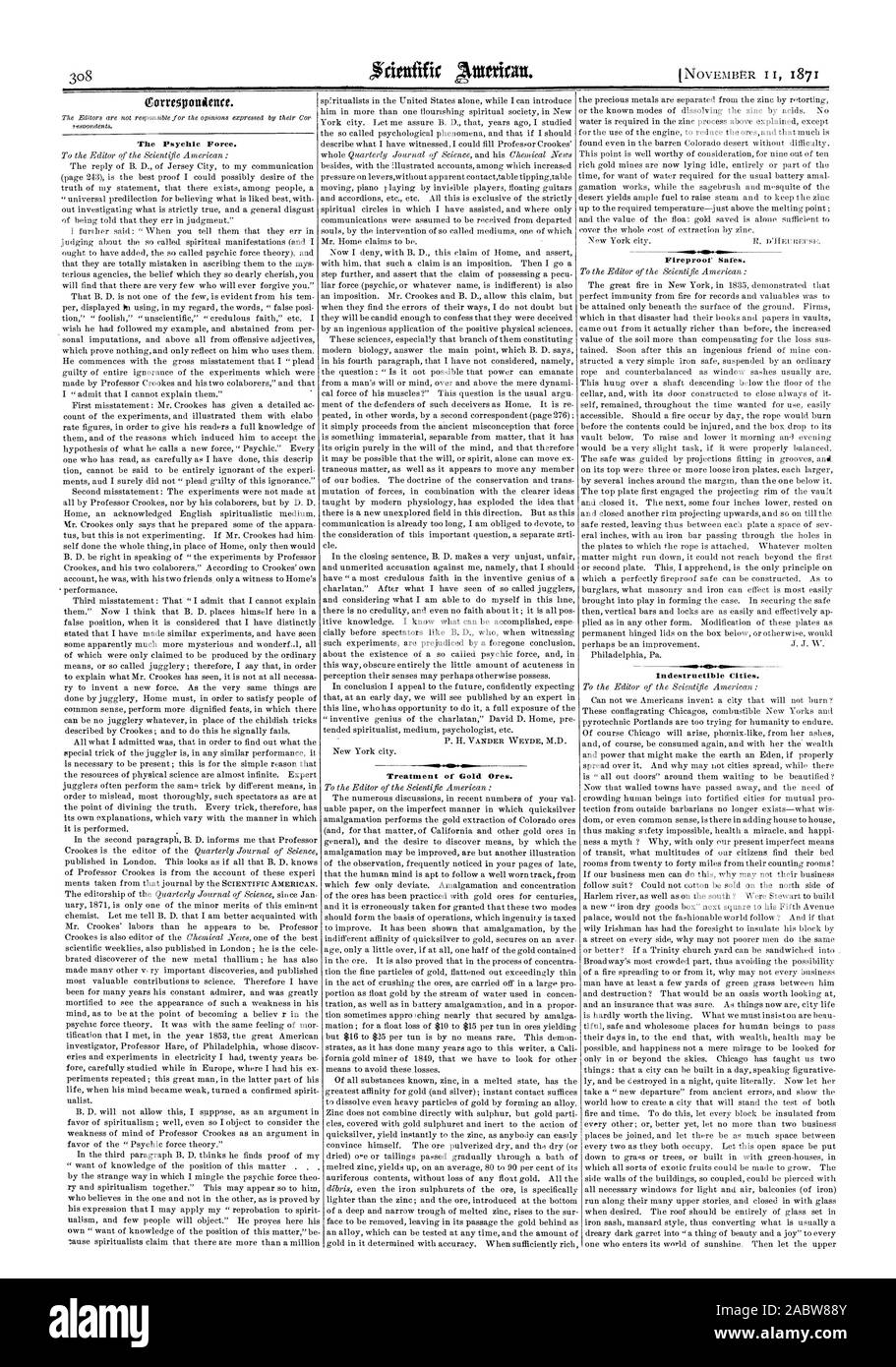 La forza psichica. Cassaforte ignifuga. Città indistruttibile., Scientific American, 1871-11-11 Foto Stock