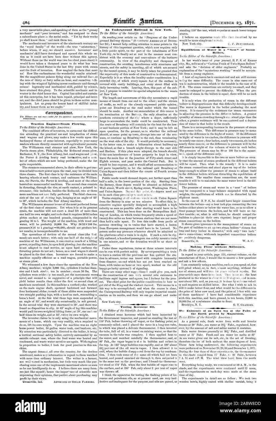 I motori di trazione--l'aratura a vapore. Un Underground Railroad in New York. Test di olio di kerosene. Rulli. Fare Farina senza macine. L' esistenza di un mare aperto presso i poli della Terra si è dimostrato dal magnetismo., Scientific American, 1871-12-23 Foto Stock