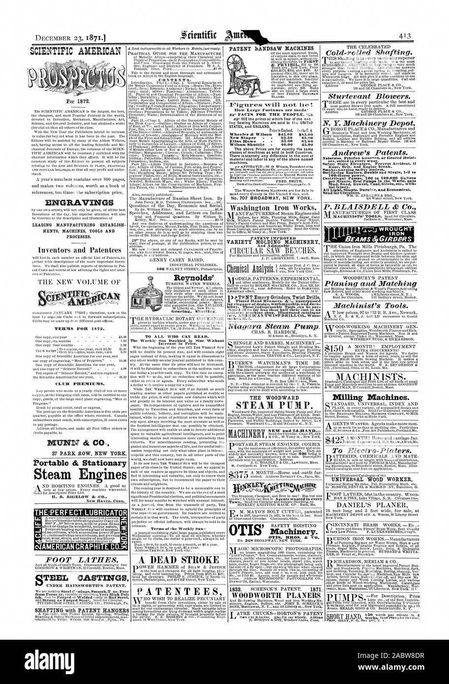 SCIENTIFIC AMERICAN contenuto. Reynolds di rotismo di scopare. Segatrice a nastro Macchine brevetto a tutti coloro che sono in grado di leggere. Il Settimanale Sinn raddoppiato di volume senza aumento di prezzo. Una corsa morta titolari di brevetti come grandi fortune sono realizzati nuovo cantante . 32.50 Wilson Shuttle 40.00 45.00 brevetto varietà migliorate macchinari di stampaggio e regolabile 1  rigati Alesatori manuali &^. bilità insuperabile. Questi strumenti indispensabili può essere il nostro inseguito di noi per meno di metà del loro costo in una macchina ordisatry shop. Catalogo illustrato libero. AMERICAN PUNTE TWIST CO. Presa Woou R. I. IL LEGNO WARD POMPA A VAPORE. Nuovo e 2d-MANO Foto Stock