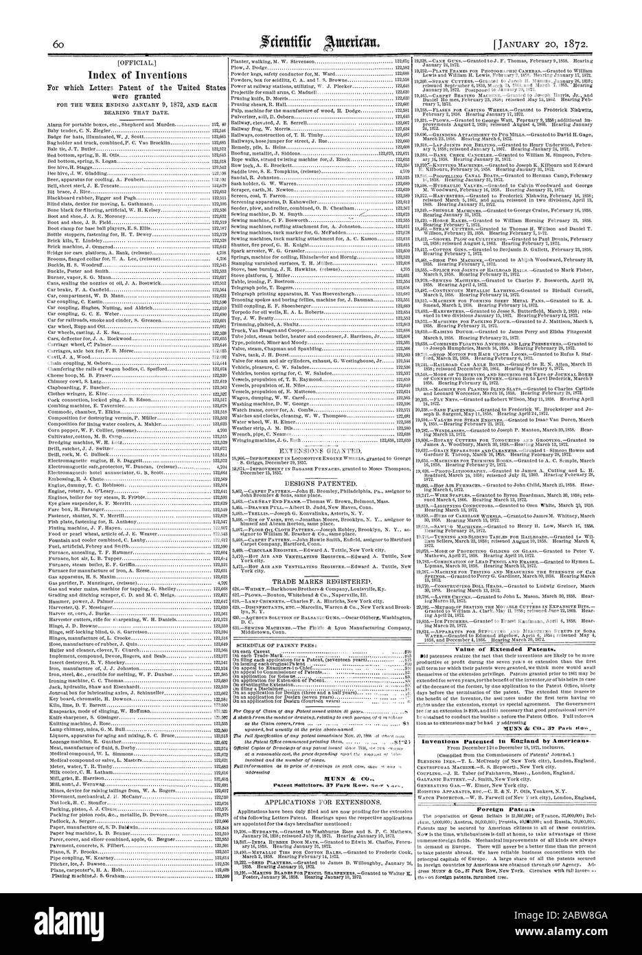 Valore dei brevetti estesi. Invenzioni brevettate in Inghilterra dagli americani. Brevetti stranieri, Scientific American, 1872-01-20 Foto Stock
