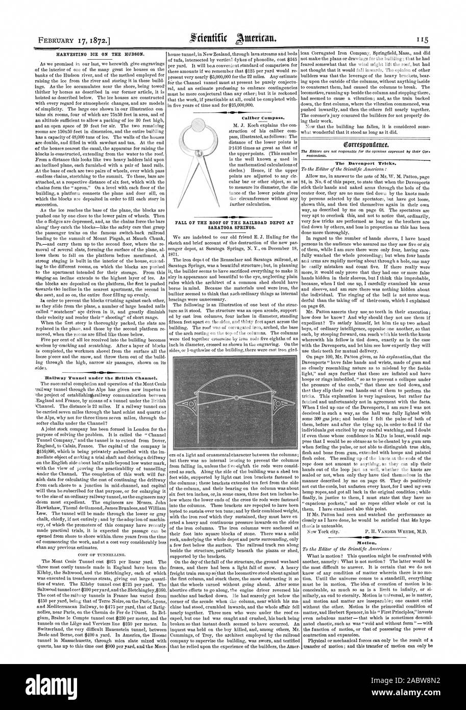 La raccolta di ghiaccio su Hudson. Caduta del tetto del deposito ferroviario a Saratoga Springs. Il Davenport trucchi nozione calibro Bussola., Scientific American, 1872-02-17 Foto Stock