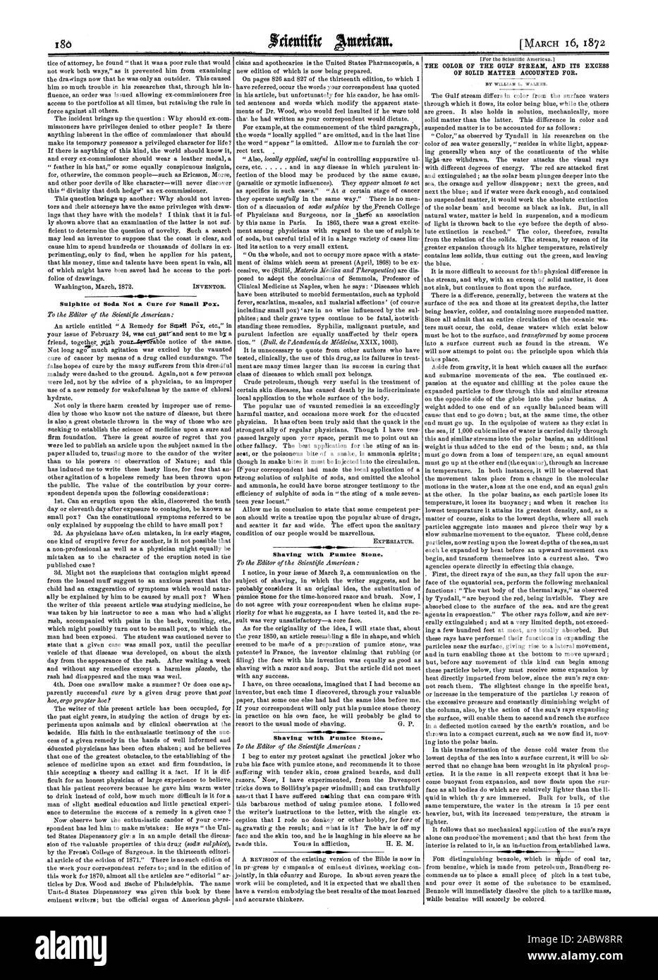 Solfito di soda non è una cura per il vaiolo. La rasatura con pietra pomice. La rasatura con pietra pomice. Il colore della Corrente del Golfo e il suo eccesso di materia solida contabilizzata., Scientific American, 1872-03-16 Foto Stock