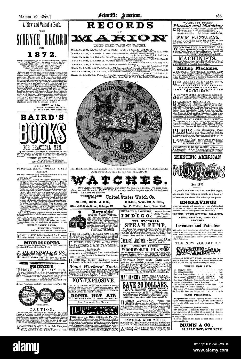 WILSON MACCHINA DA CUCIRE CO Cleveland. 0.; a. Termini per il 1872. Premi CLUB. MUNN & CO. 37 PARE FILA EW YORK. StliNtE EH 1 8 7 2. MUNN 6: 37 Park Row. La città di New York. BAIRD'S microscopi. P. BLAISDELL & Co. Principe 7.3 MARCHIO. Sag n. Motori a vapore e le pompe e la migliore classe di NEW ENGLAND FERRO E LAVORAZIONE DEL LEGNO RIACHINERY. Piallatura e Matching nuovi modelli. MACHINI fresatrici. Pompa Scientific American per 1872. Incisioni di produzione leader di stabilire MENZ MACCHINE UTENSILI E PROCESSI. Gli inventori e i titolari del brevetto, 1872-03-16 Foto Stock