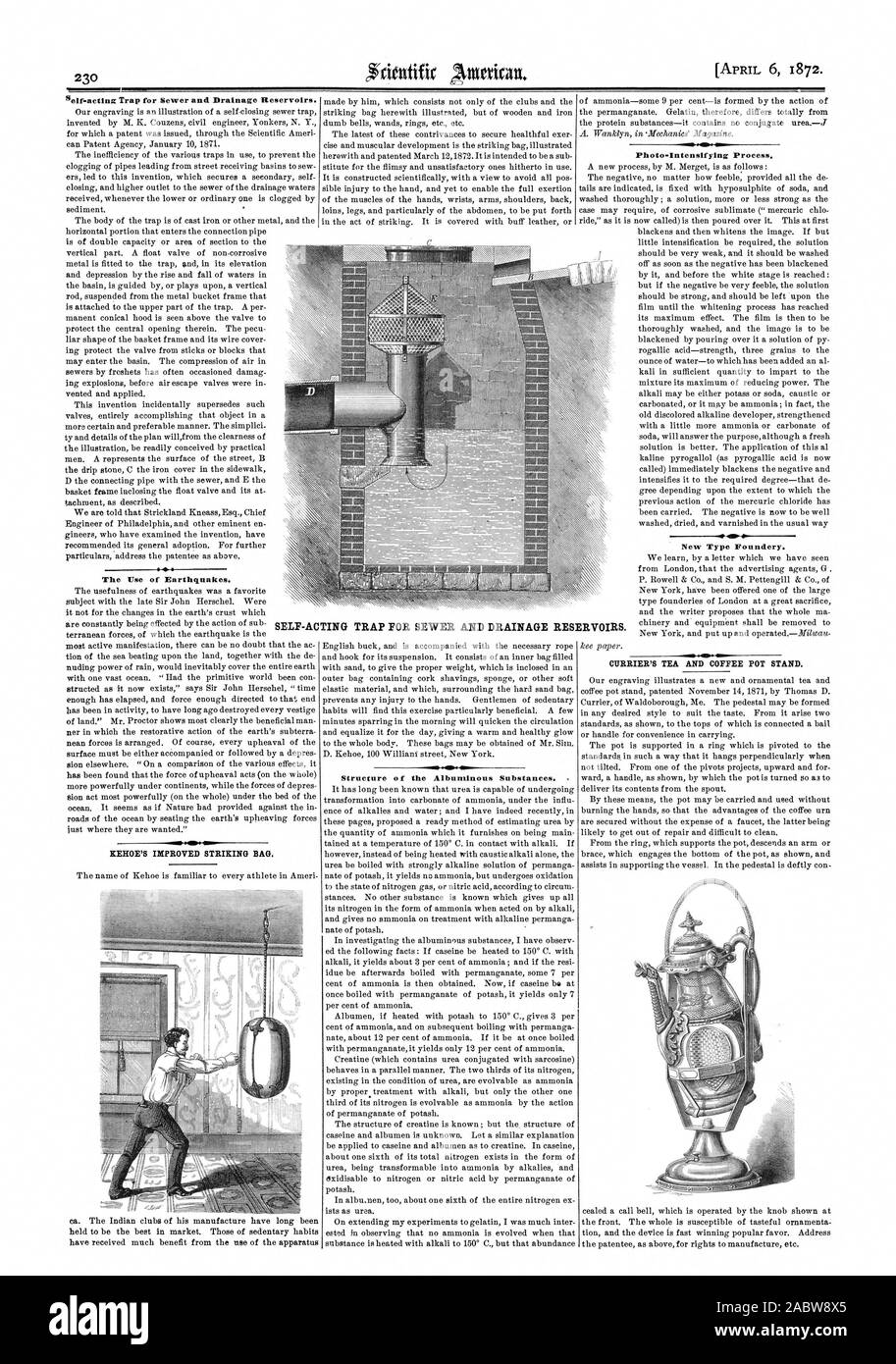 L'uso di terremoti. Struttura delle sostanze Albuminous. . Processo Photo-Intensifying. Nuovo tipo Foundery. CURRIER il bollitore per te e caffè stand. Auto-agente trappola per fognature e bacini di drenaggio., Scientific American, 1872-04-06 Foto Stock