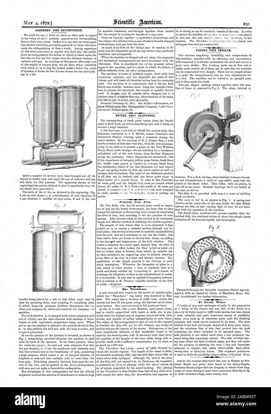 GARDNER di estintore. Il burro FROAT CALIFORNIA. Stampa da ferro. Per purificare l'acqua., Scientific American, 1872-05-04 Foto Stock