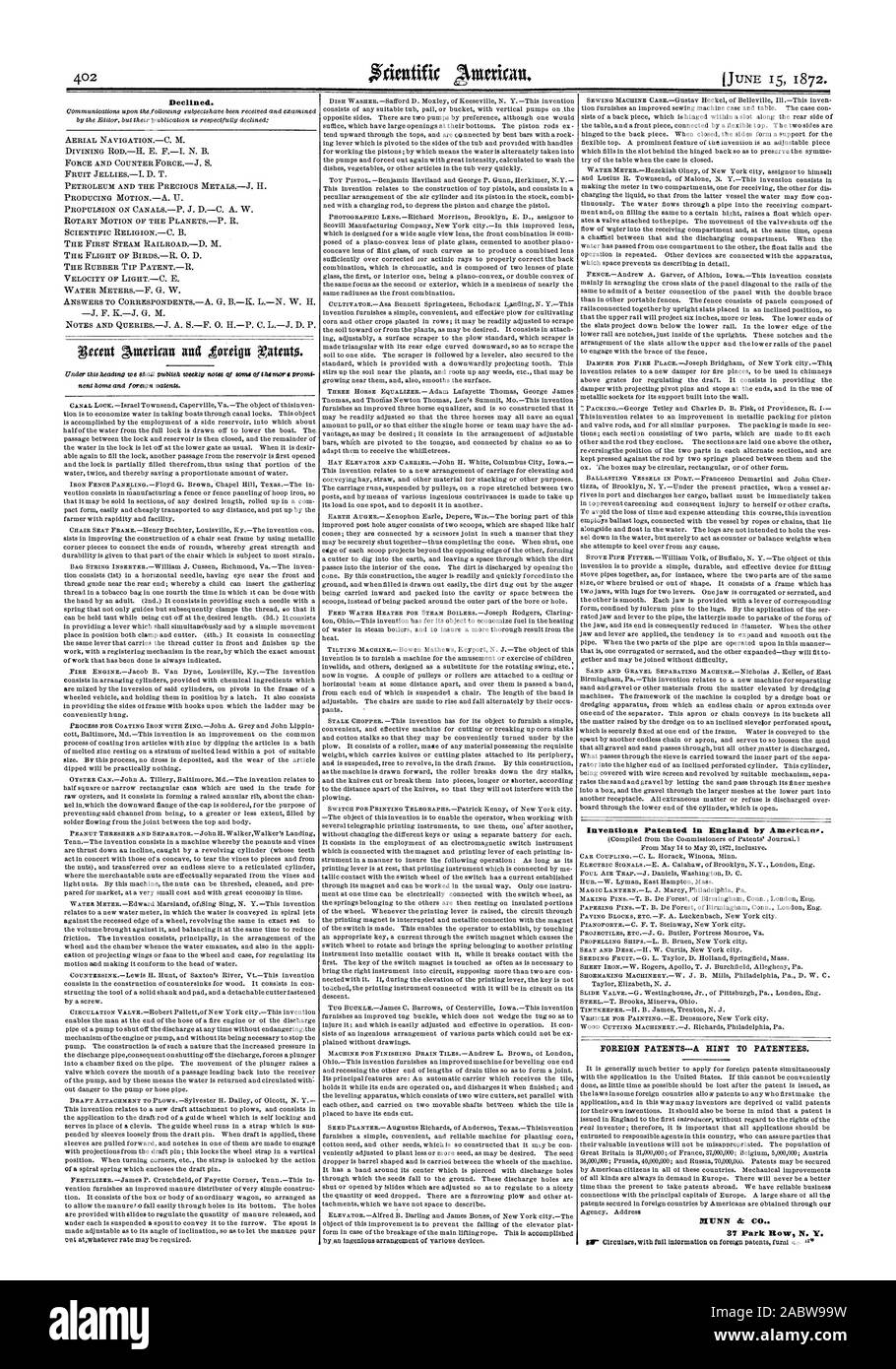 Rifiutato. Brevetti stranieri--un suggerimento per i titolari del brevetto, Scientific American, 1872-06-11 Foto Stock