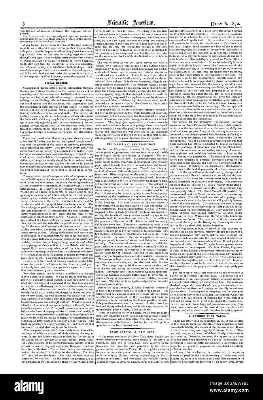 La tariffa e ' riduzioni fiscali. RAPID TRANSIT IN NEW YORK. La riforma postale. Una macchina che parla., Scientific American, 1872-07-06 Foto Stock