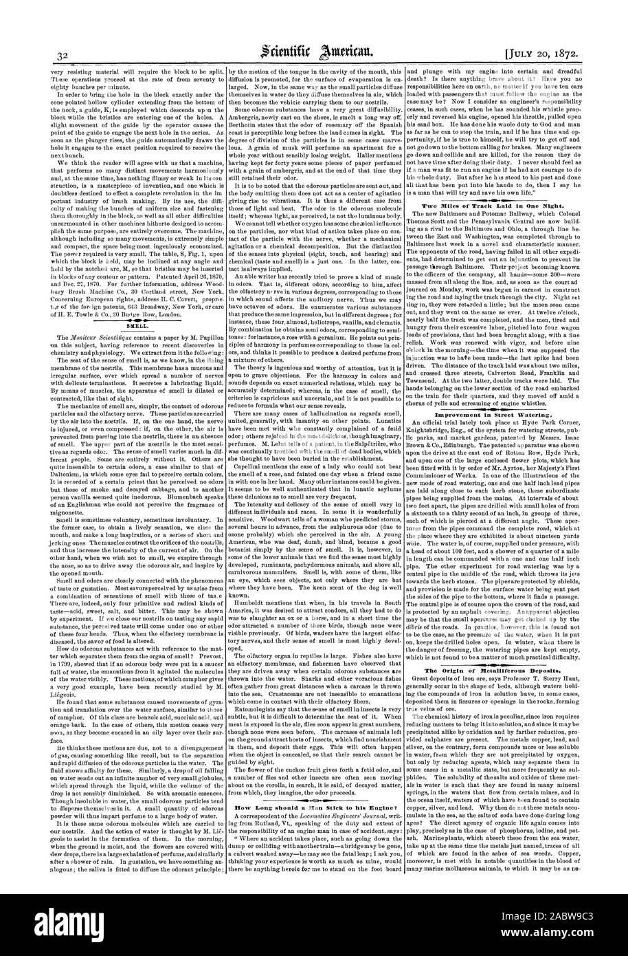 32 L'odore. A due miglia di via prevista in una notte. Miglioramento di impianti di irrigazione di strada l'origine dei giacimenti metalliferi., Scientific American, 1872-07-20 Foto Stock