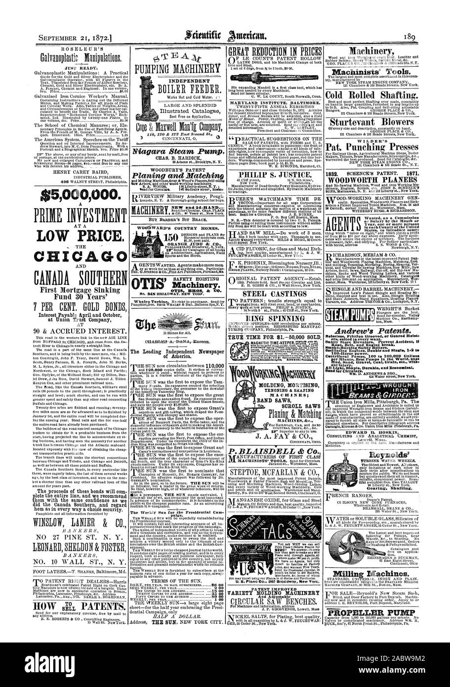 21 settembre 1872.1 189 $5000000. Prezzo basso. CHICAG prima ipoteca naufragio fondo 30 Anni' Niagara pompa a vapore. Piallatura e Matching acquista barbiere tutore di bit. WOCID-WARD'S Country Homes. !Iaehinery macchinisti di strumenti". Laminati a Freddo di scopare. Sturtevant soffianti WILDER'S Pat presse di punzonatura WOODWORTH PIALLE membri di Introducesome ittit Xbe OTIS wi OTIS BROS. & CO. paign. MARYLAND INSTITUTE BALTlMORE. PHILIP S. giustizia. Getti di acciaio di filatura ad anello tenonature & SAGOMATRICI &c. J. A. FAY & CO. P.BLAISDELL A Co. Reynolds pompe a vapore Andrew's brevetti. ors adatto a ogni desidera. Itimoke-thurning Foto Stock