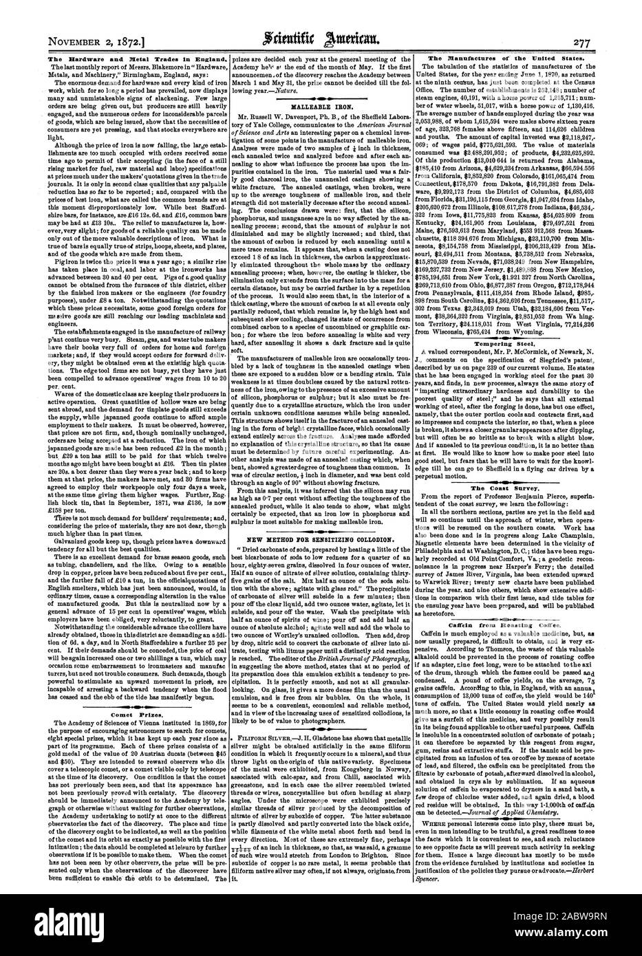 Il rinvenimento di acciaio. La Costa Caffein sondaggio dalla torrefazione di caffè., Scientific American, 1872-11-02 Foto Stock